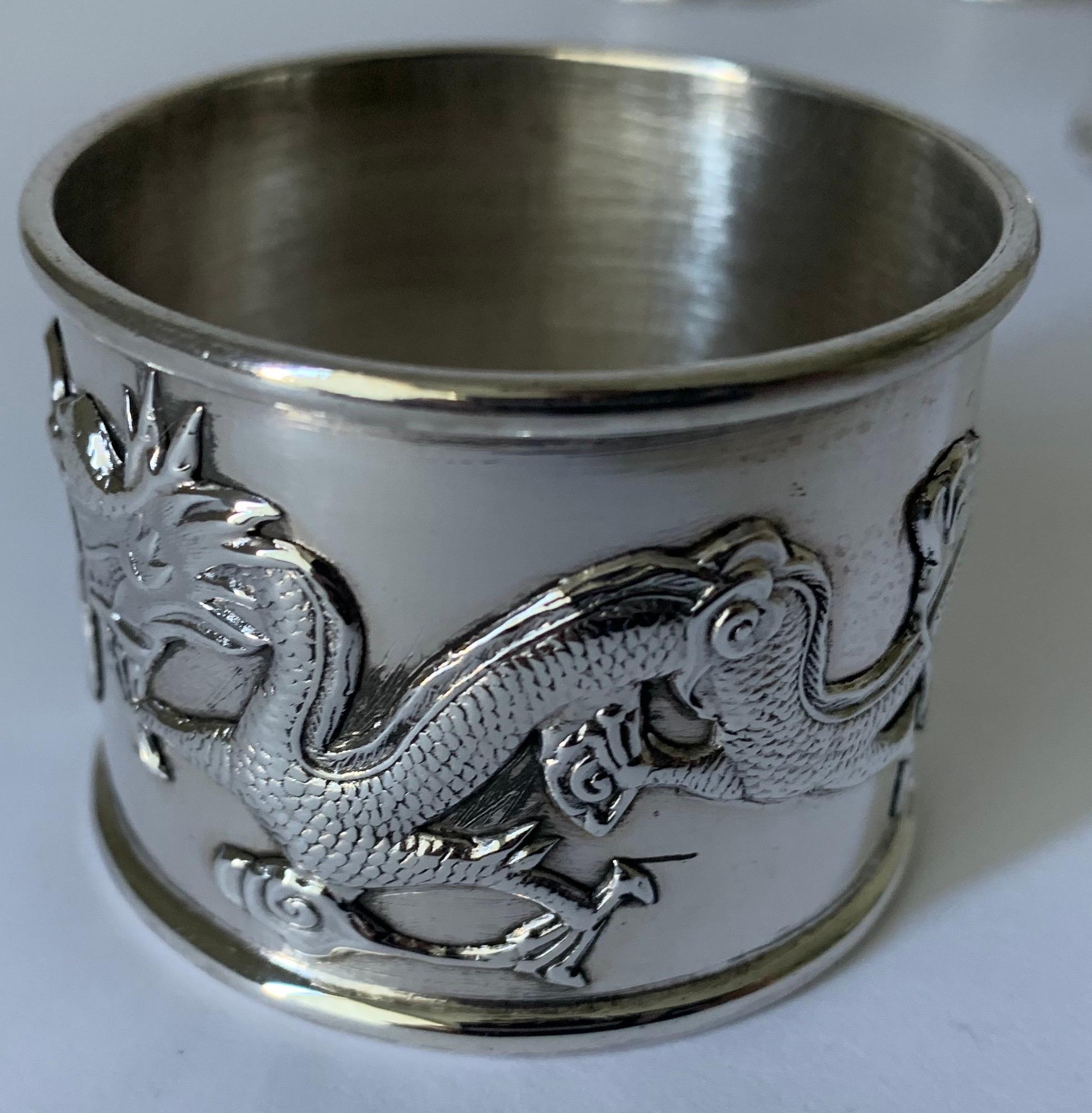 Chinese Export Silver Dragon Napkin Rings, Set of 6 In Good Condition In Stamford, CT
