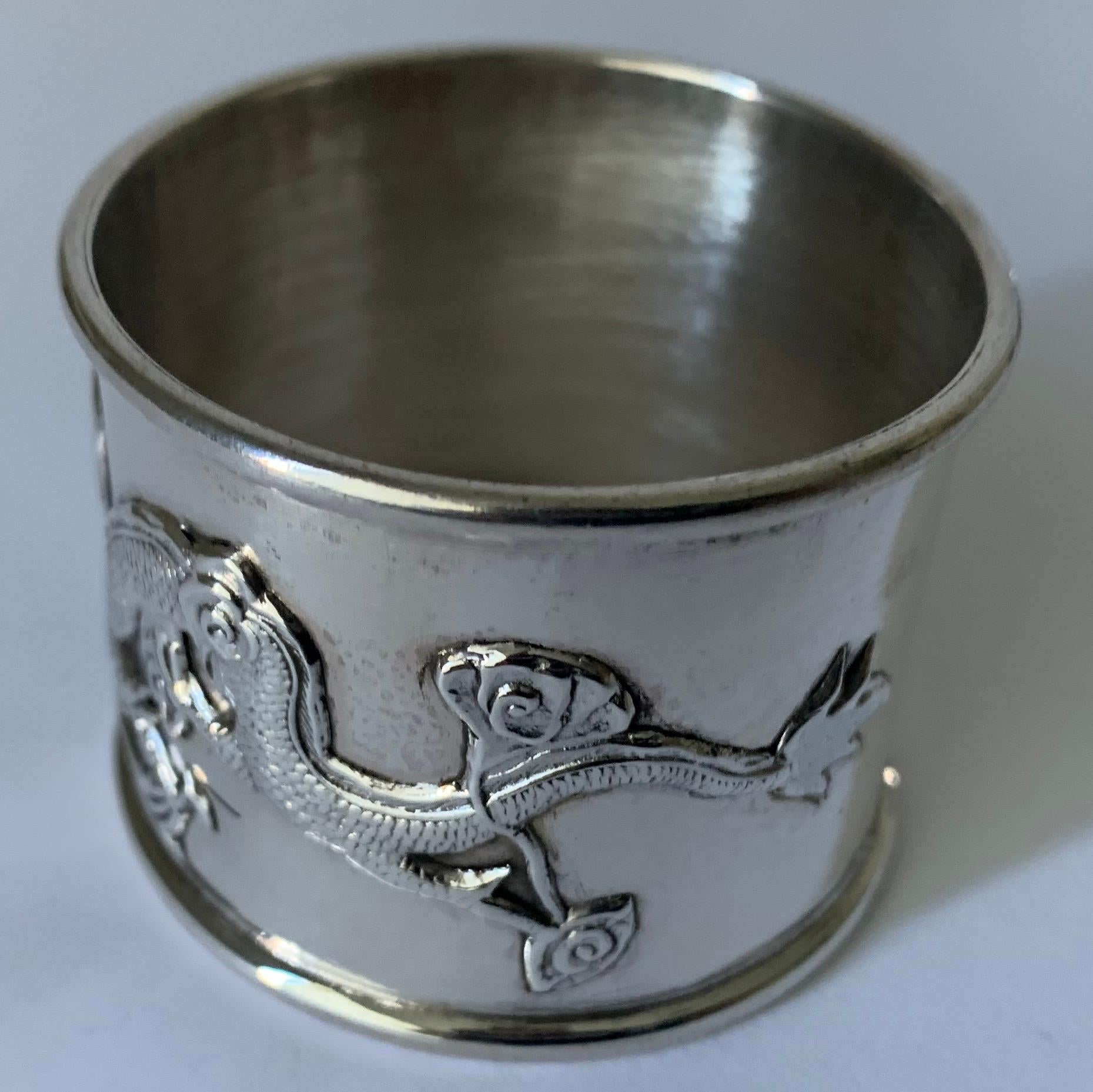Mid-20th Century Chinese Export Silver Dragon Napkin Rings, Set of 6