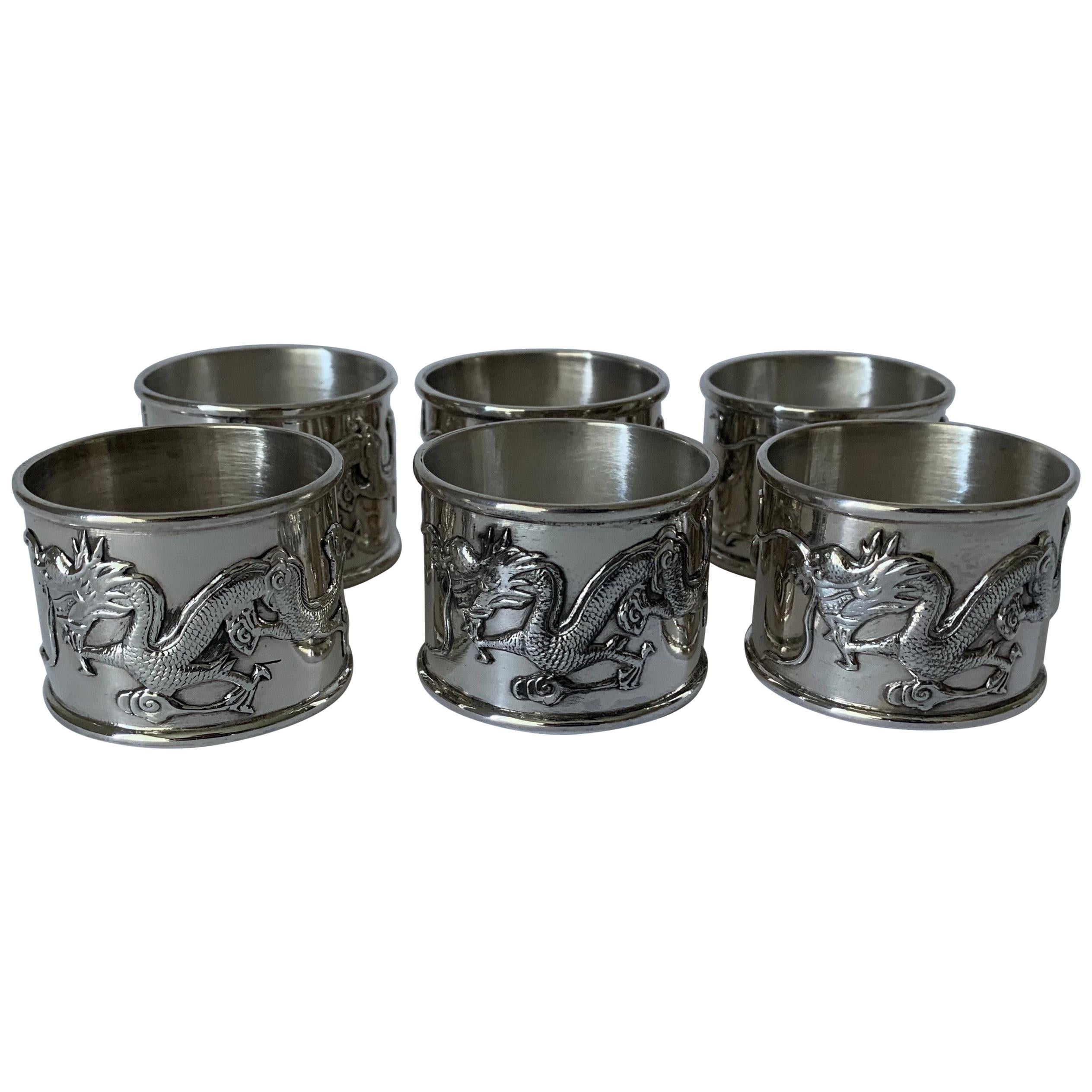 Chinese Export Silver Dragon Napkin Rings, Set of 6