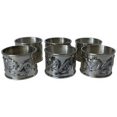 Vintage Chinese Export Silver Dragon Napkin Rings, Set of 6