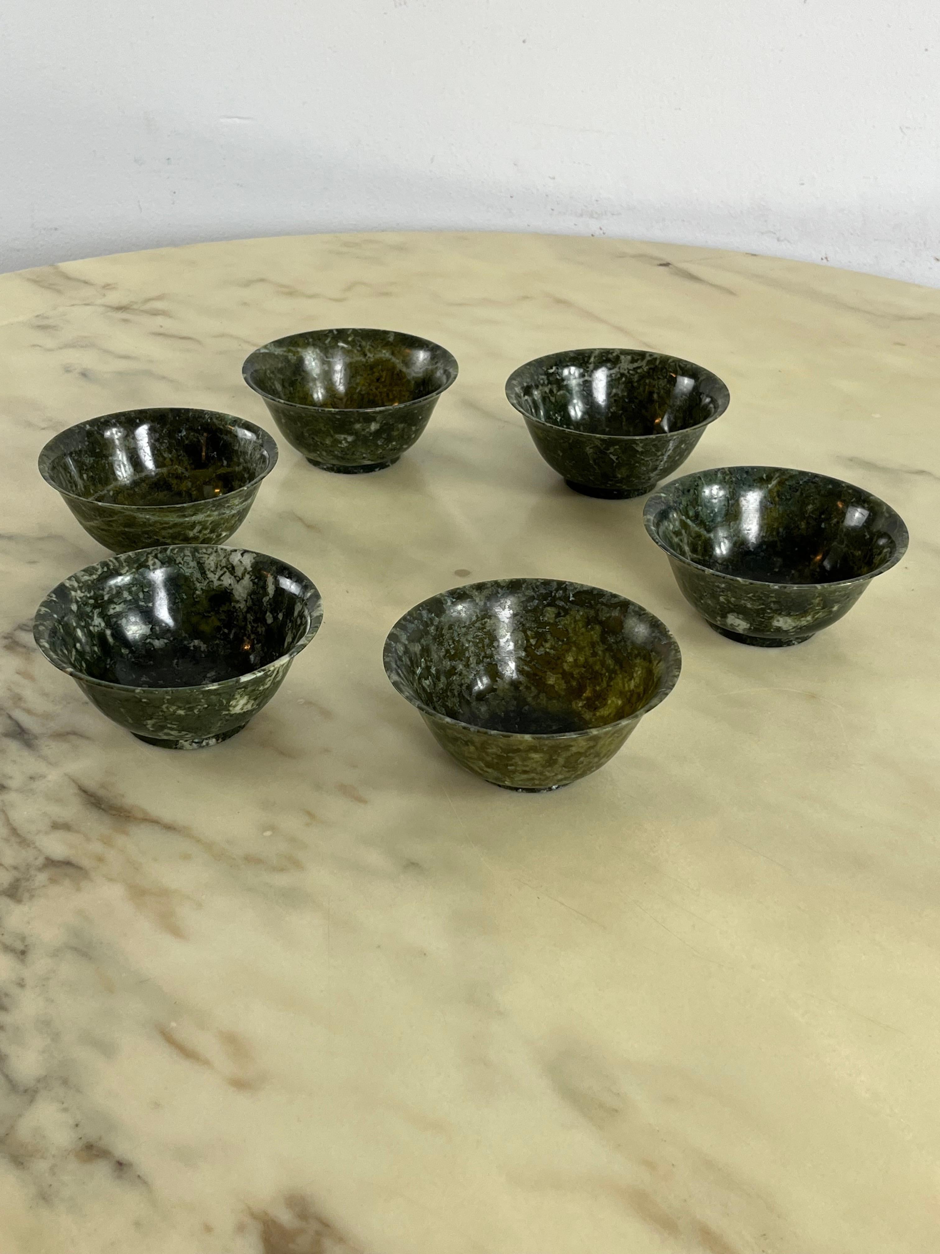 Set of 6 Chinese Jade Bowls, 1930s
Found in a noble apartment in my city, Palermo.
Imported into Italy by the famous Florio traders.
Intact and in good condition. From the descriptive photographs and the attached video you can see how the light is