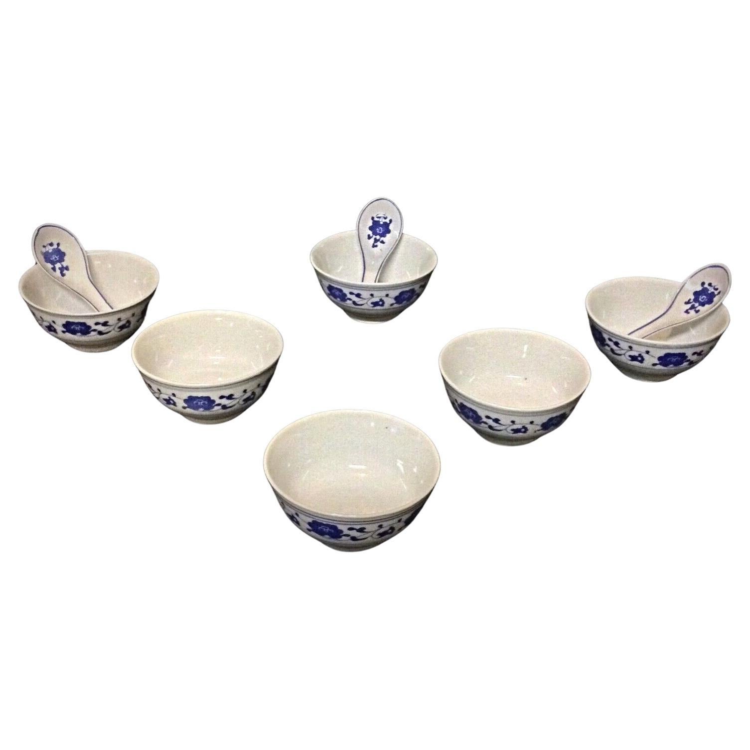Set of 6 Chinese Porcelain Rice Bowls with 3 Spoons - 2Y49