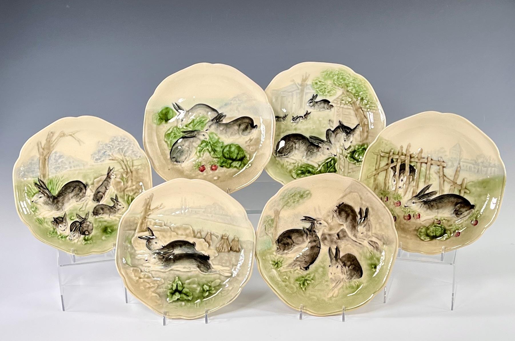 This set of 6 bunny plates are signed Choisy Le Roi, the famed Aesthetic Movement Majolica porcelain company in France. These were commonly sold by the New York retail firm of Higgins and Seiter but this set precedes that retailer's connection. Ca.
