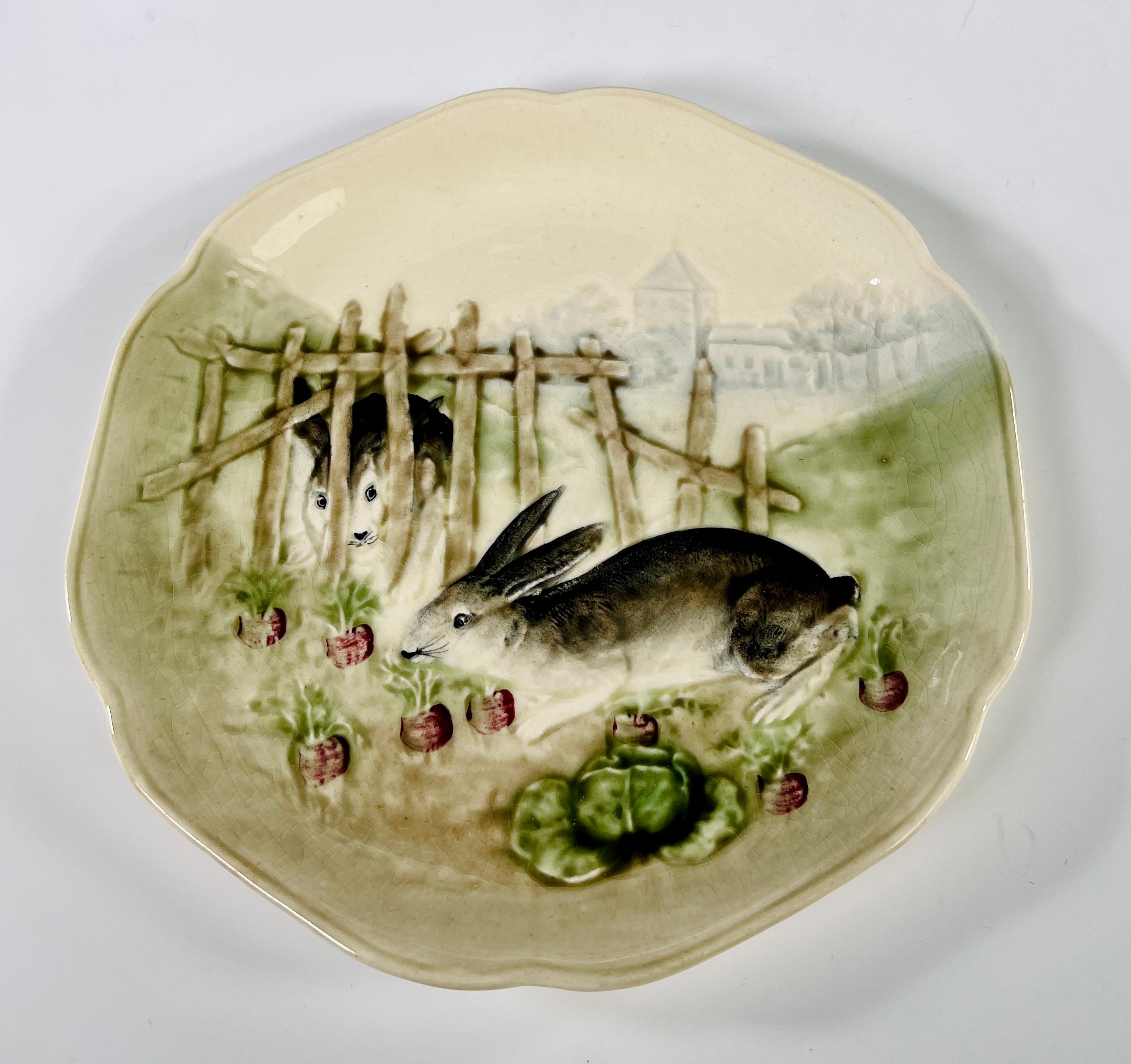 Aesthetic Movement Set of 6 Choisy le Roi Majolica Bunny Plates w Molded Relief Rabbits & Radishes