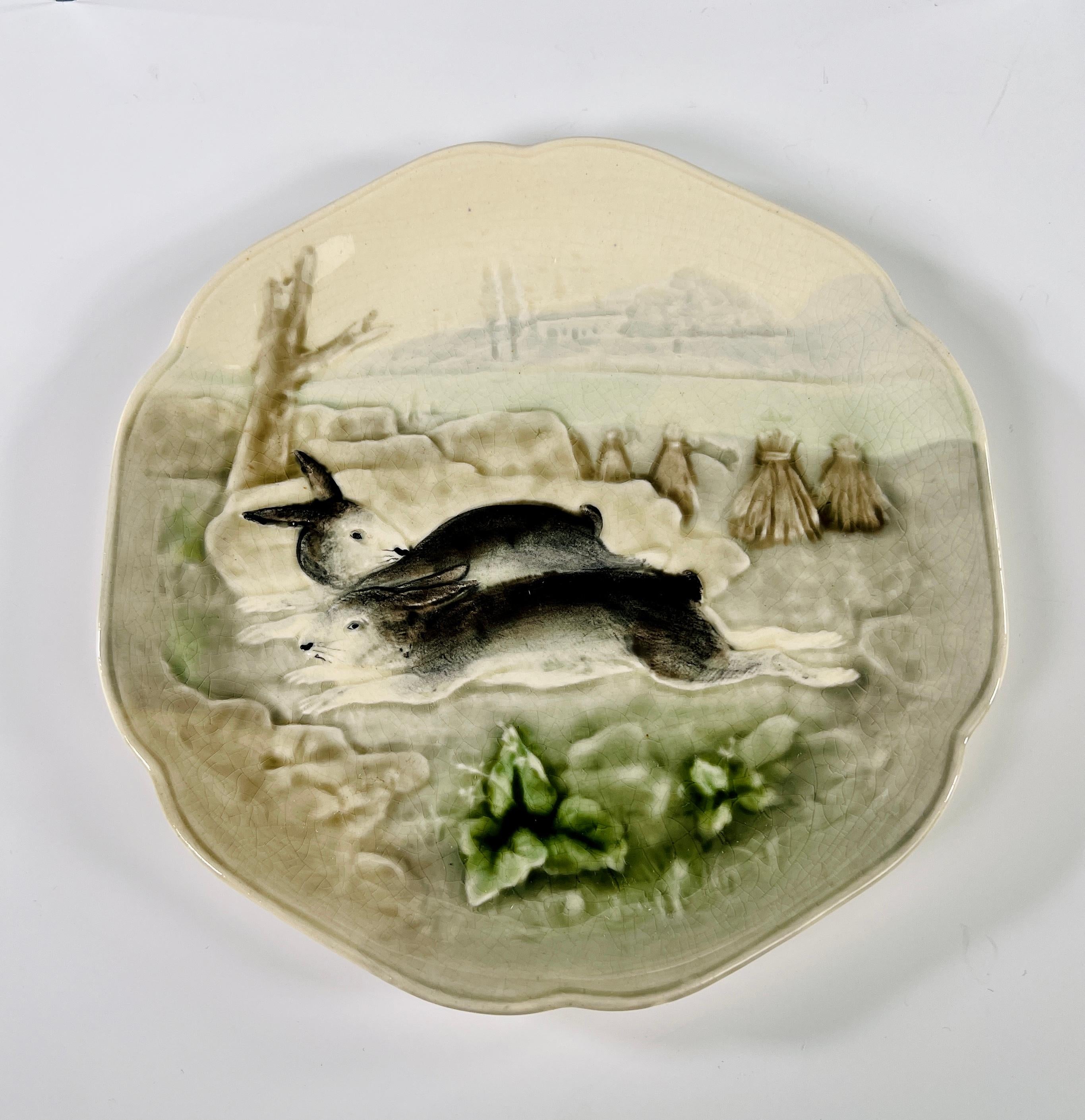 Enameled Set of 6 Choisy le Roi Majolica Bunny Plates w Molded Relief Rabbits & Radishes