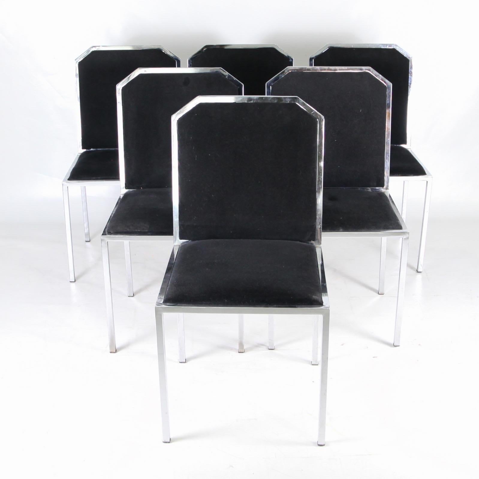 Metal Set of 6 chrome and black fabric chairs circa 1970 For Sale