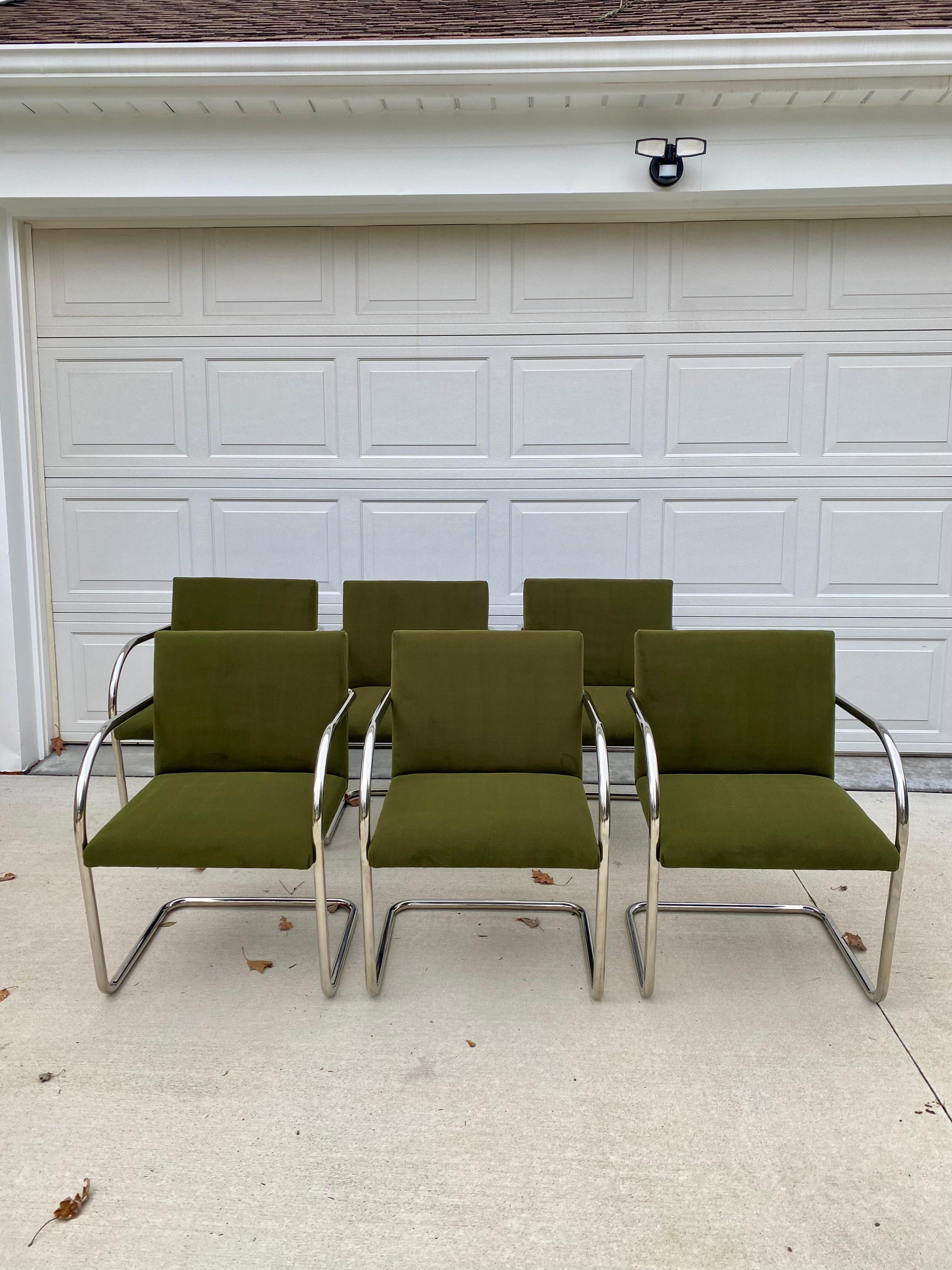 Set of 6 reupholstered chrome Mies van der Rohe Tubular Brno Chairs by Knoll in a gorgeous Green Velvet fabric. Overall the chrome is in great condition, there are a few spots that hold some scratches due to age and one spot that has some light rust