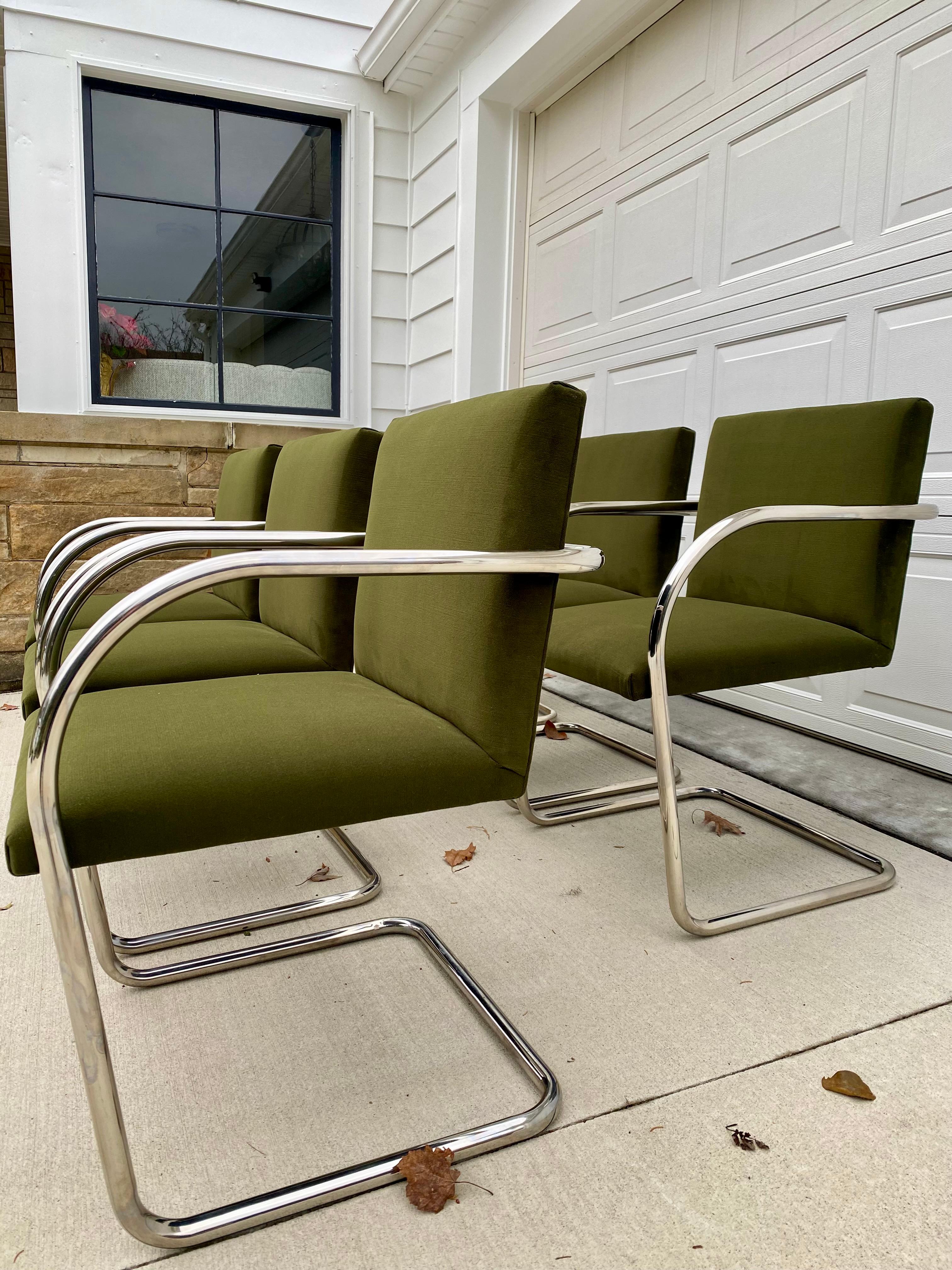 Set of 6 Chrome Mies Van Der Rohe Tubular Brno Chairs by Knoll in Green Velvet For Sale 2