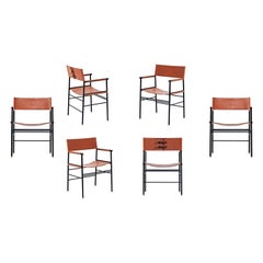 Ensemble de 6 fauteuils classiques contemporains en cuir naturel brun clair et métal en caoutchouc noir