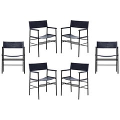 Set di 6 poltrone classiche contemporanee in pelle blu navy e metallo nero