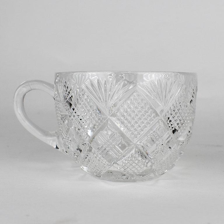 Set of six etched glass eggnog or punch bowl glasses. This beautiful vintage set of cups will be a great addition to your next dinner party. Each glass features a small handle, and a diamond wheat pattern. Set of 6. 

Dimensions:
3”