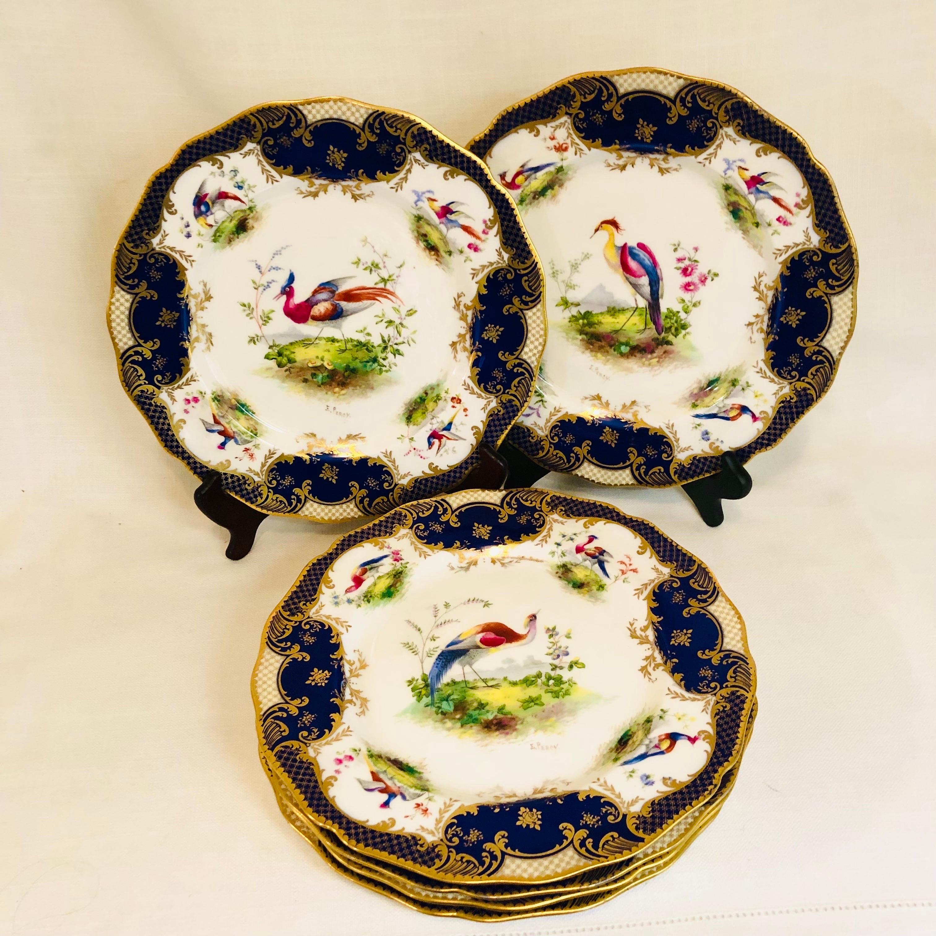 Set of 6 Cobalt Royal Doulton Made for Tiffany Dinner Plates with Exotic Birds 2
