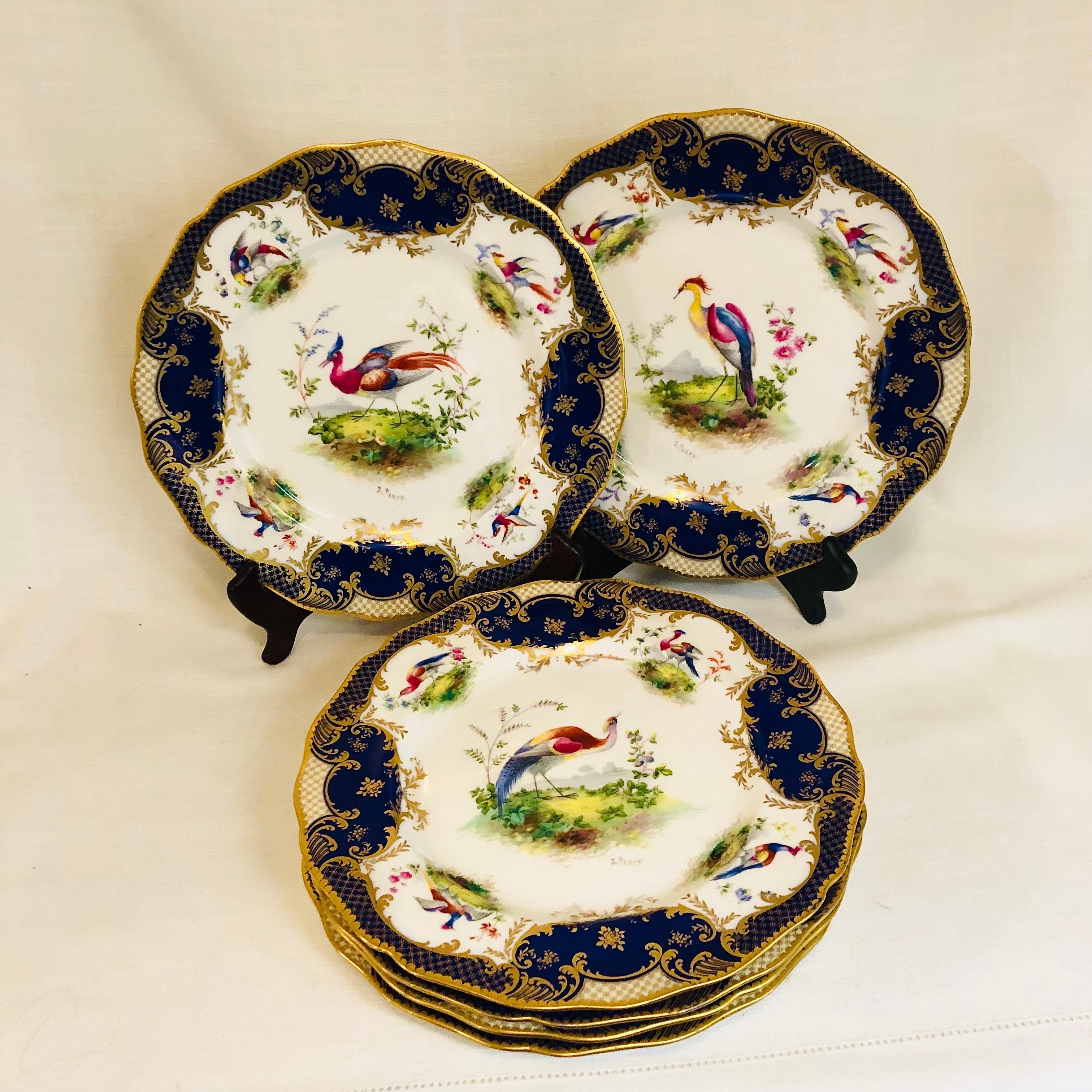 Set of 6 Cobalt Royal Doulton Made for Tiffany Dinner Plates with Exotic Birds 3