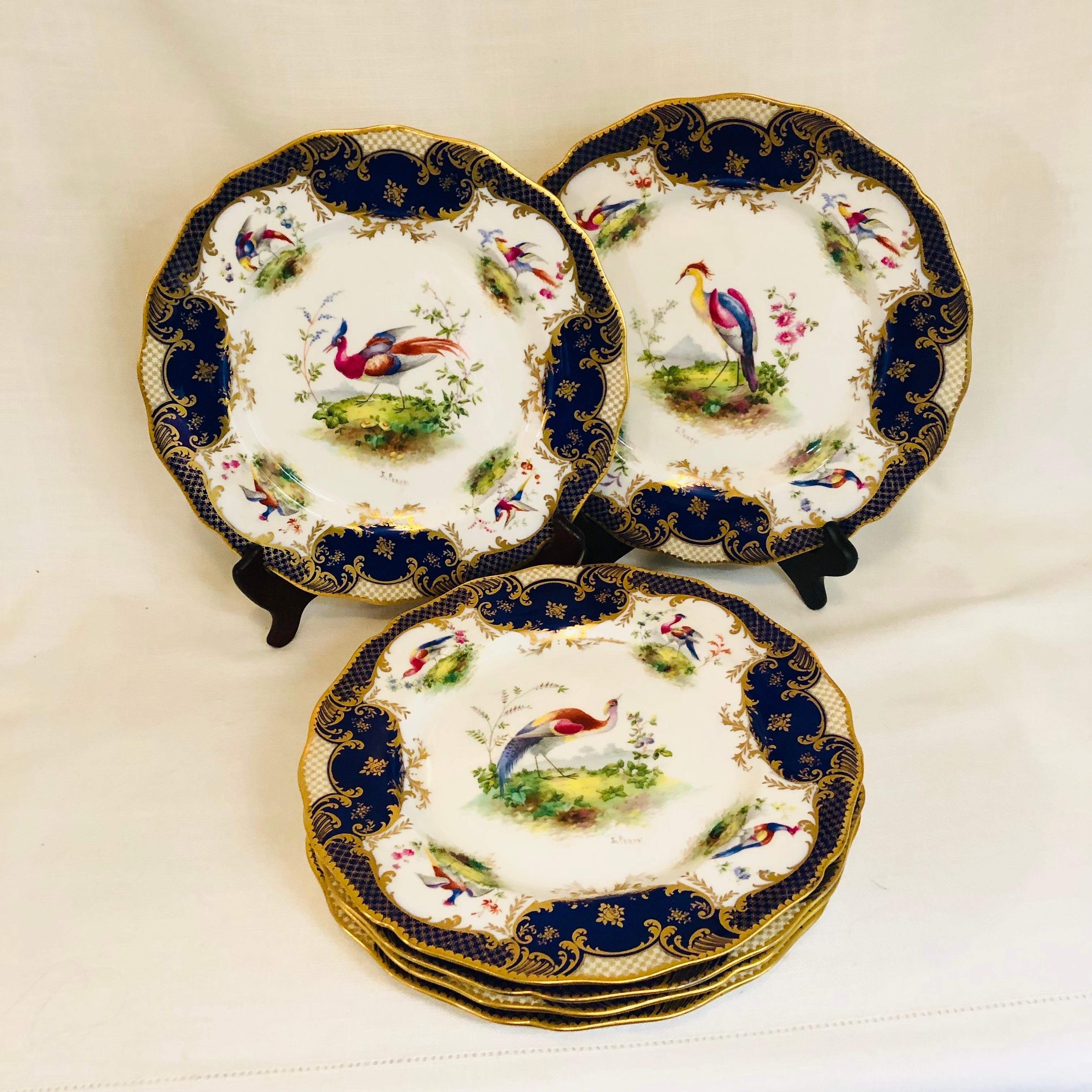 Set of 6 Cobalt Royal Doulton Made for Tiffany Dinner Plates with Exotic Birds 4