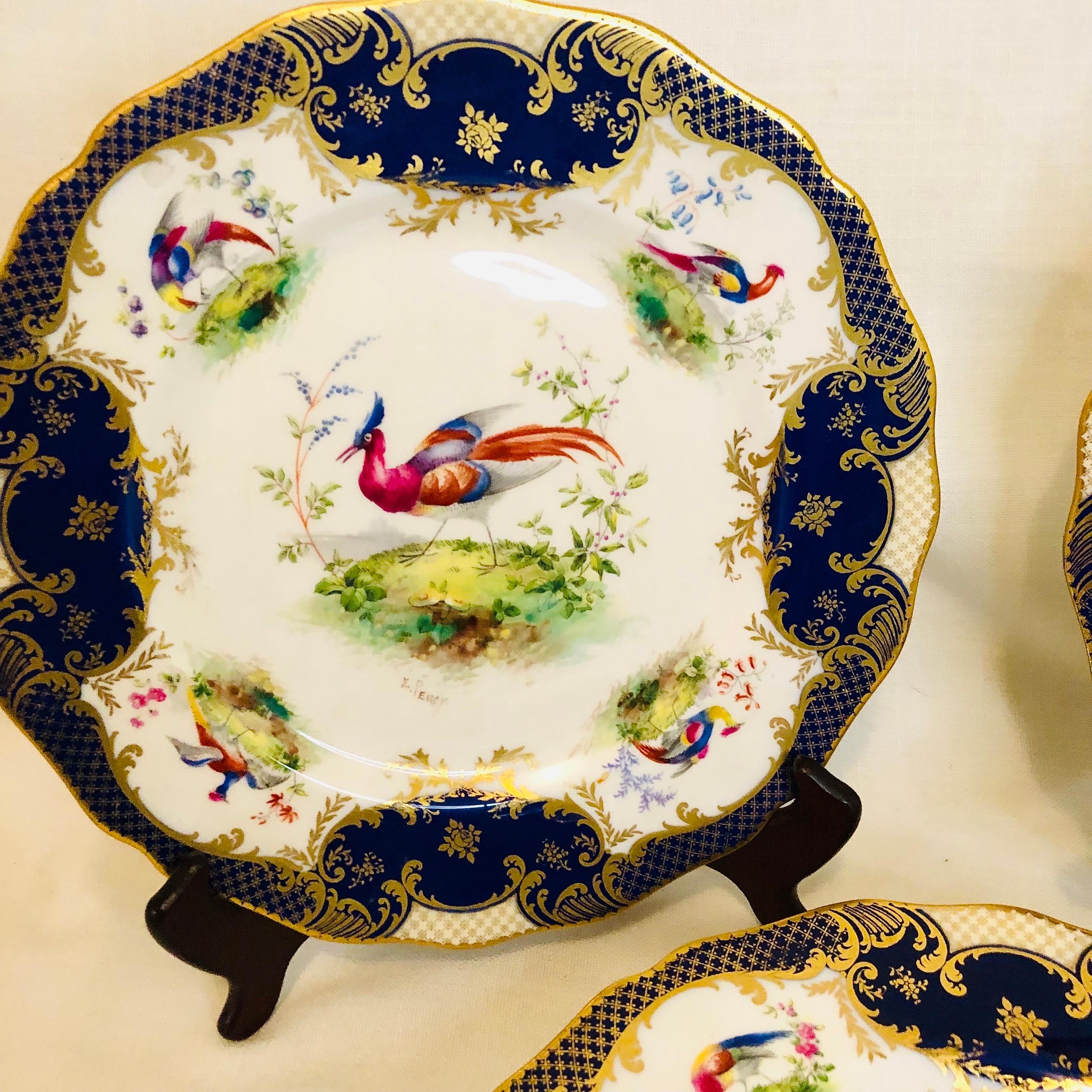 Romantic Set of 6 Cobalt Royal Doulton Made for Tiffany Dinner Plates with Exotic Birds