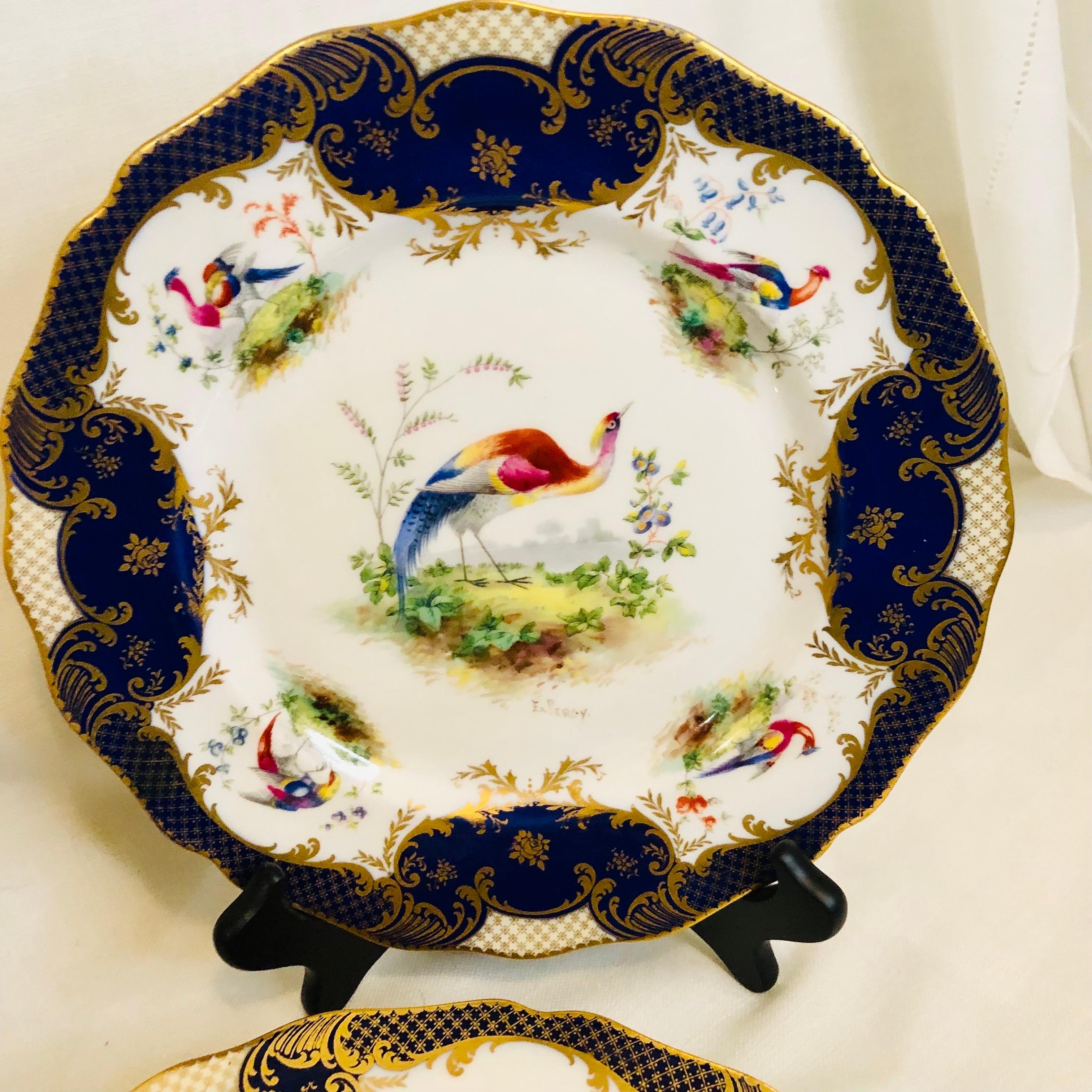 English Set of 6 Cobalt Royal Doulton Made for Tiffany Dinner Plates with Exotic Birds