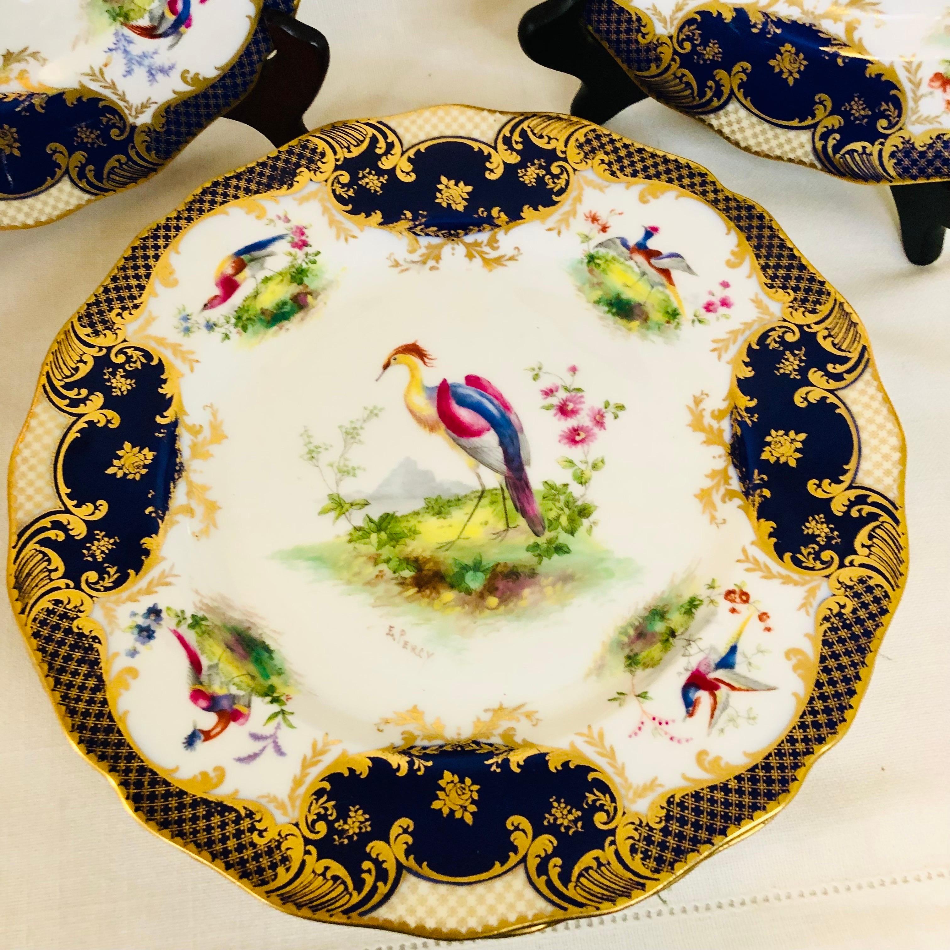 Set of 6 Cobalt Royal Doulton Made for Tiffany Dinner Plates with Exotic Birds In Good Condition In Boston, MA