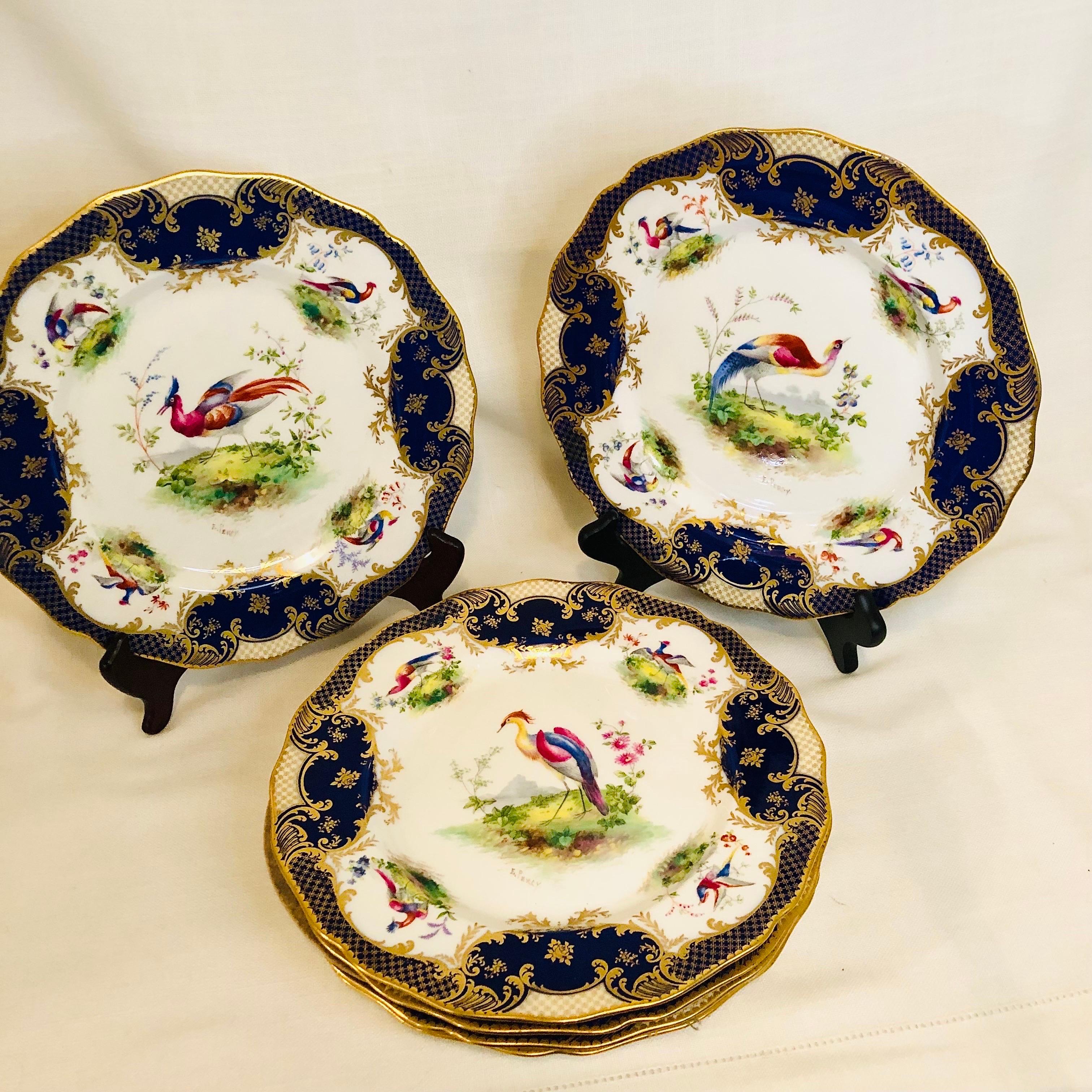 Early 20th Century Set of 6 Cobalt Royal Doulton Made for Tiffany Dinner Plates with Exotic Birds
