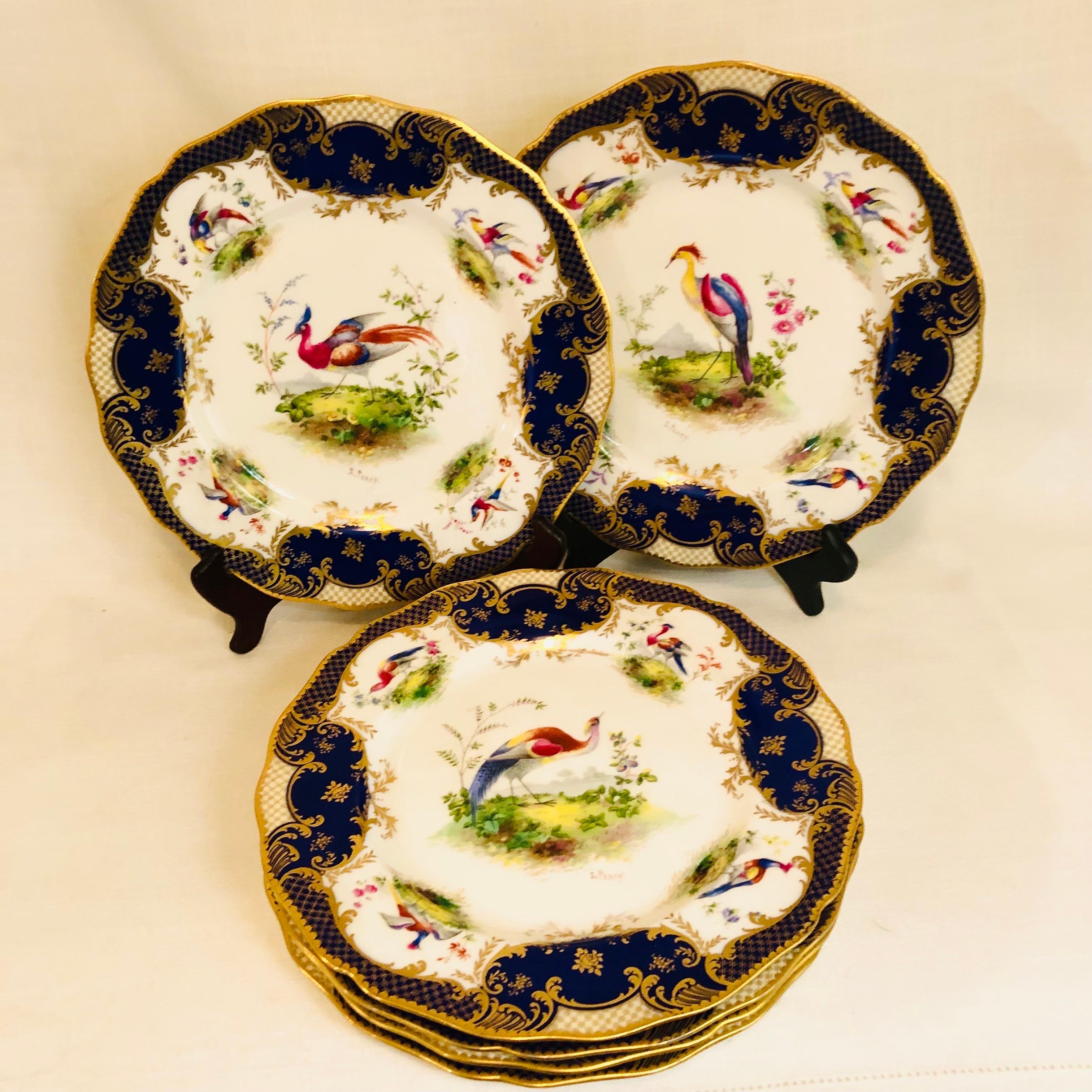 Porcelain Set of 6 Cobalt Royal Doulton Made for Tiffany Dinner Plates with Exotic Birds