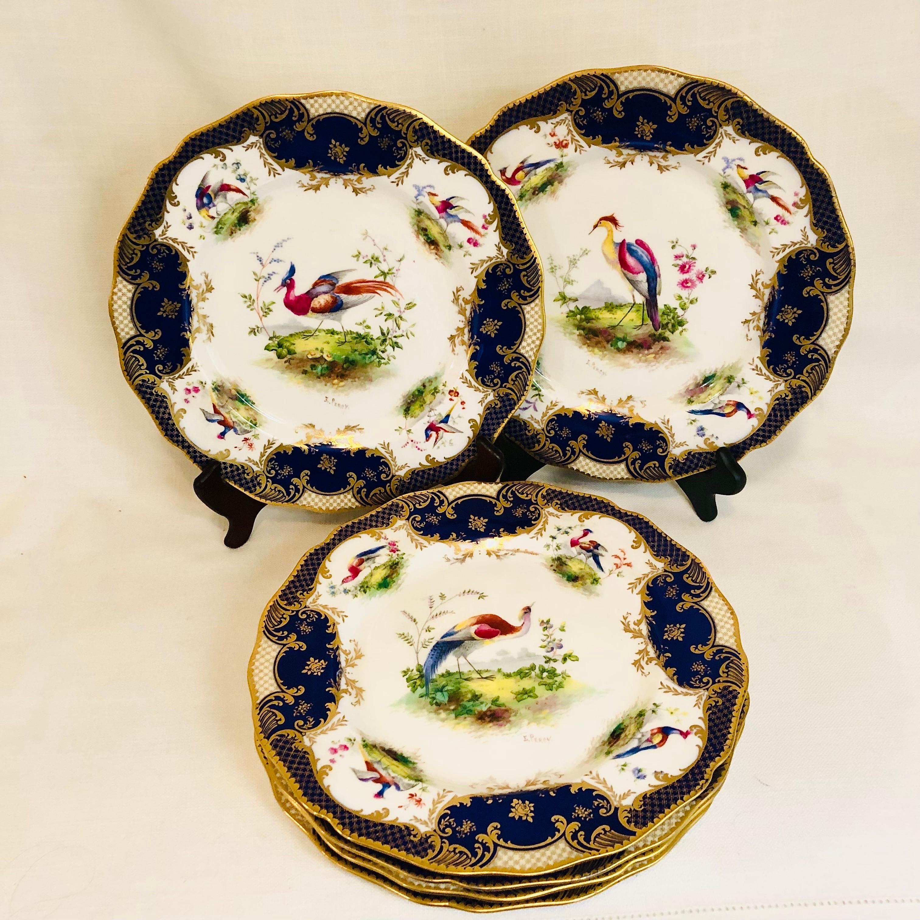 Set of 6 Cobalt Royal Doulton Made for Tiffany Dinner Plates with Exotic Birds 1