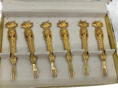 Set of 6 Cocktail Picks Pineapple Motif, Gold Plated, 1970s