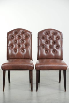 Set of 6 cognac-coloured cow leather Chesterfield dining chairs