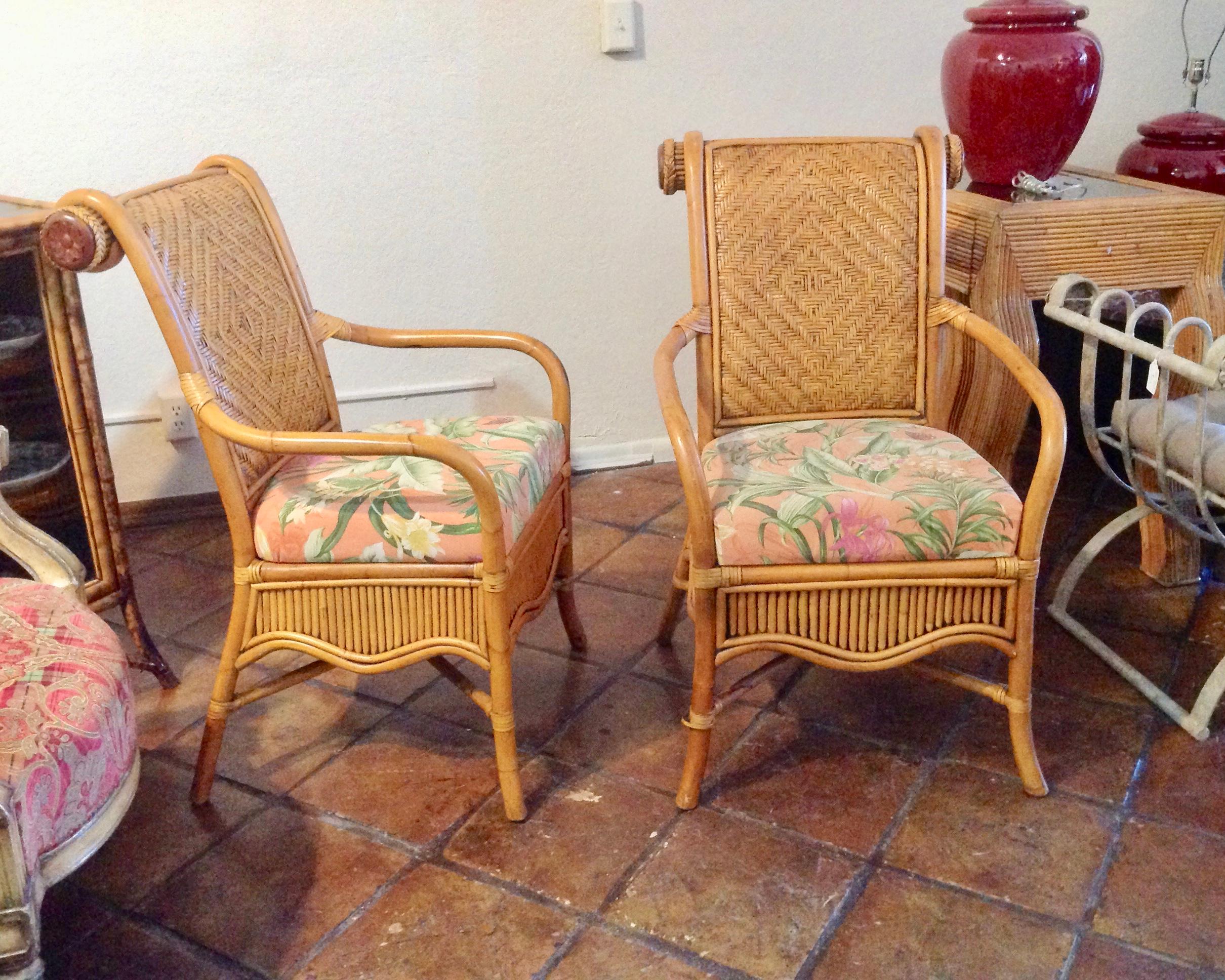 Textile Set of 6 Colonial Style Rattan Dining Chairs