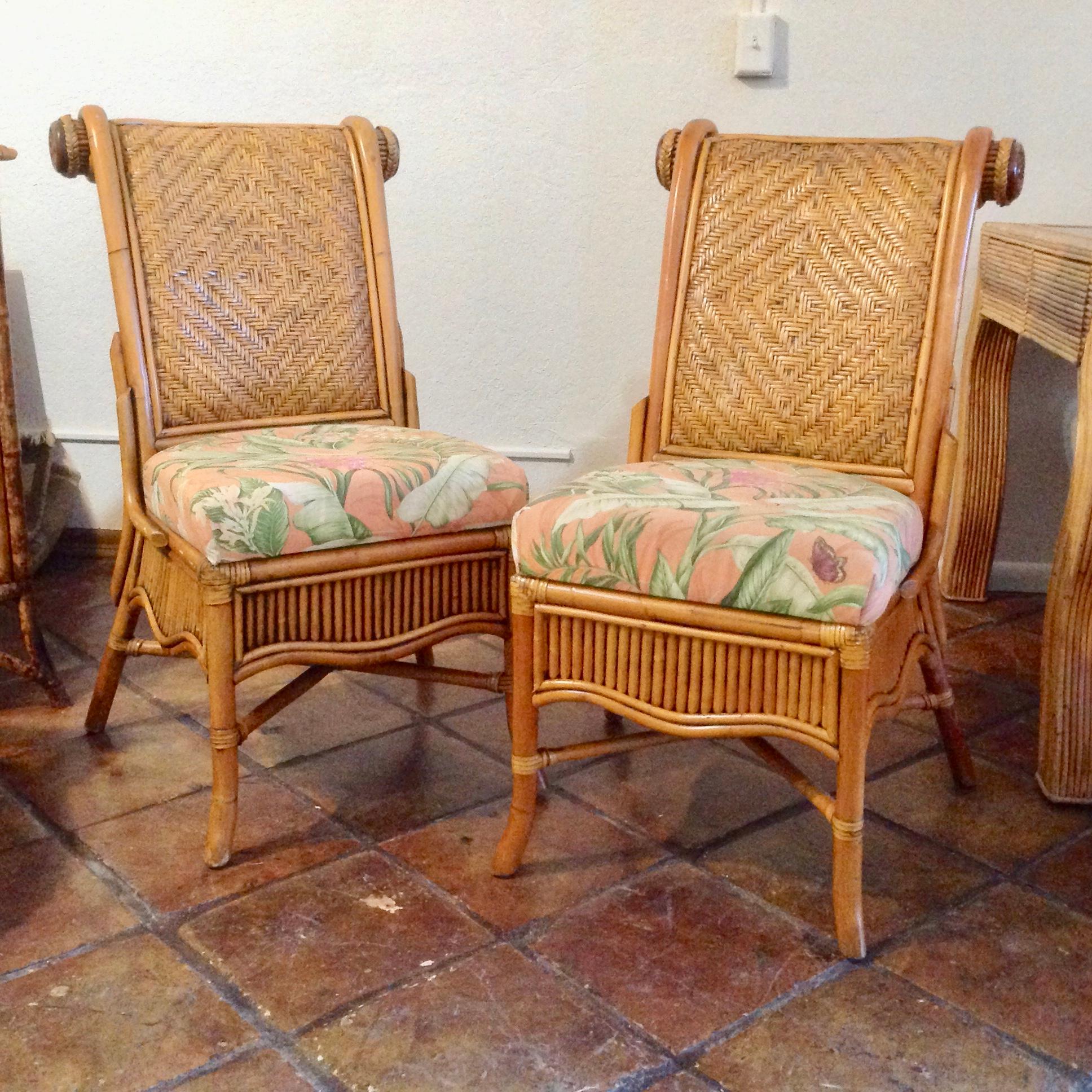 British Colonial Set of 6 Colonial Style Rattan Dining Chairs