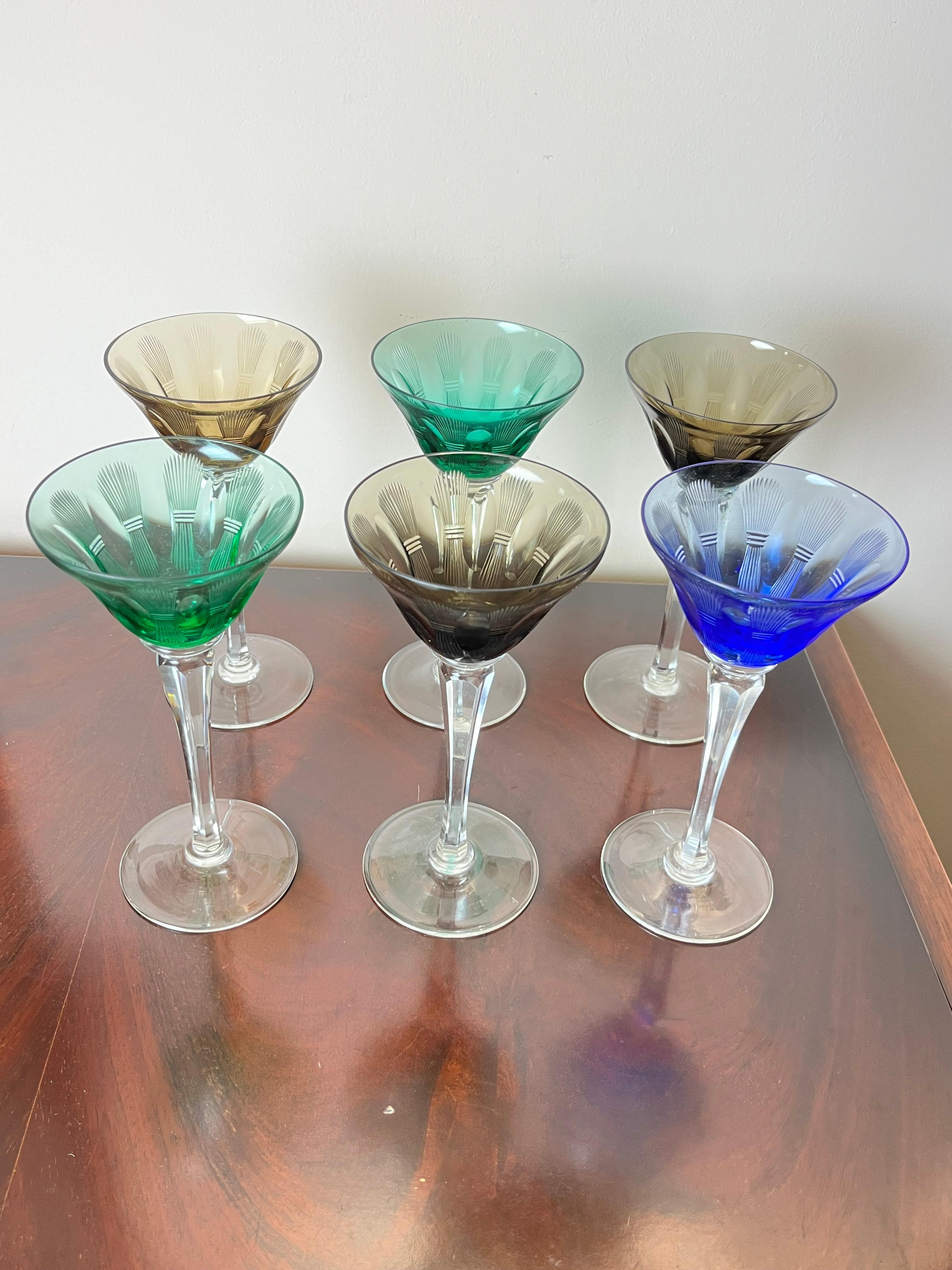 Set of 6 Colored Crystal Glasses, Italy, 1950s For Sale 6
