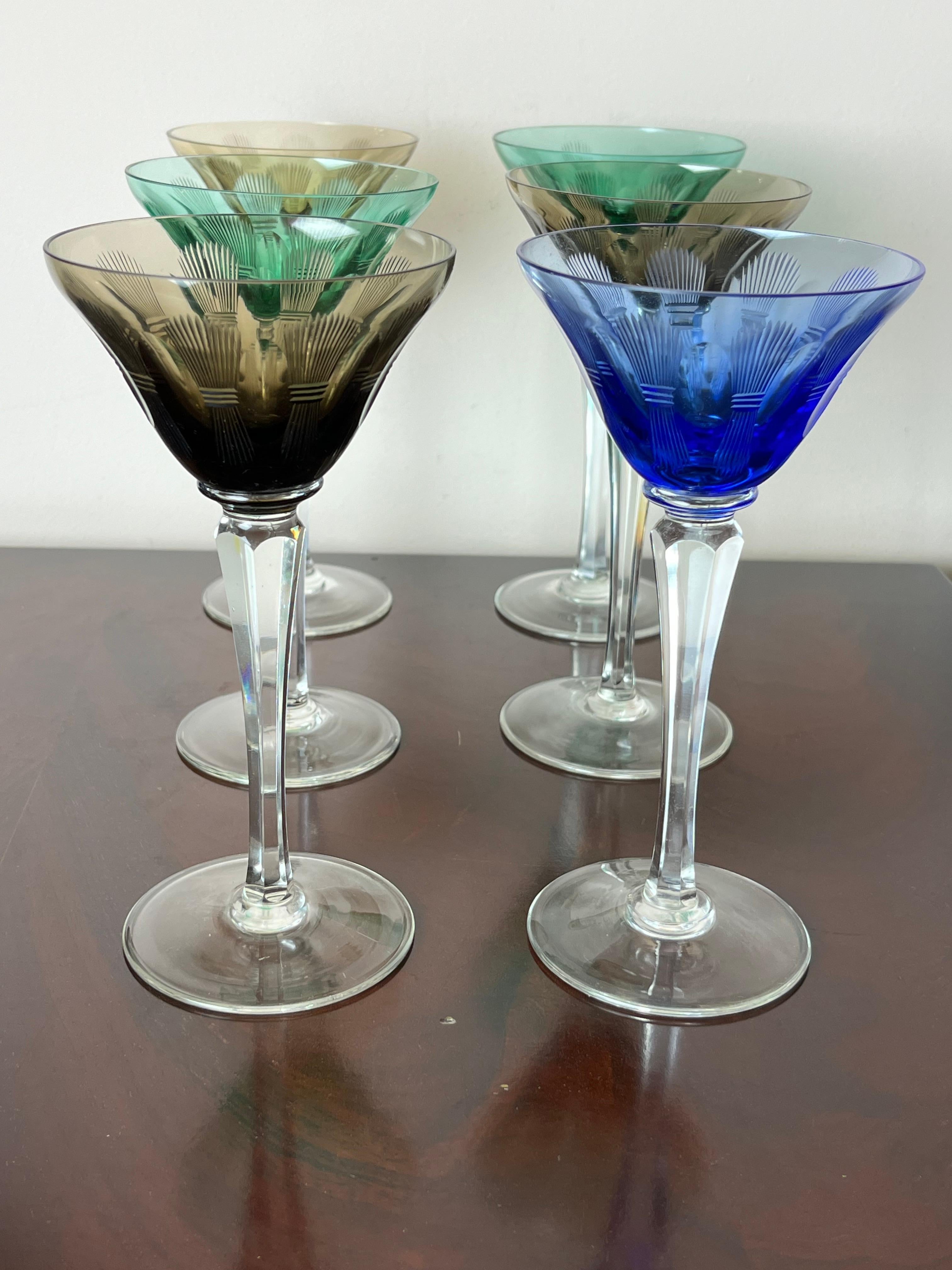 Italian Set of 6 Colored Crystal Glasses, Italy, 1950s For Sale