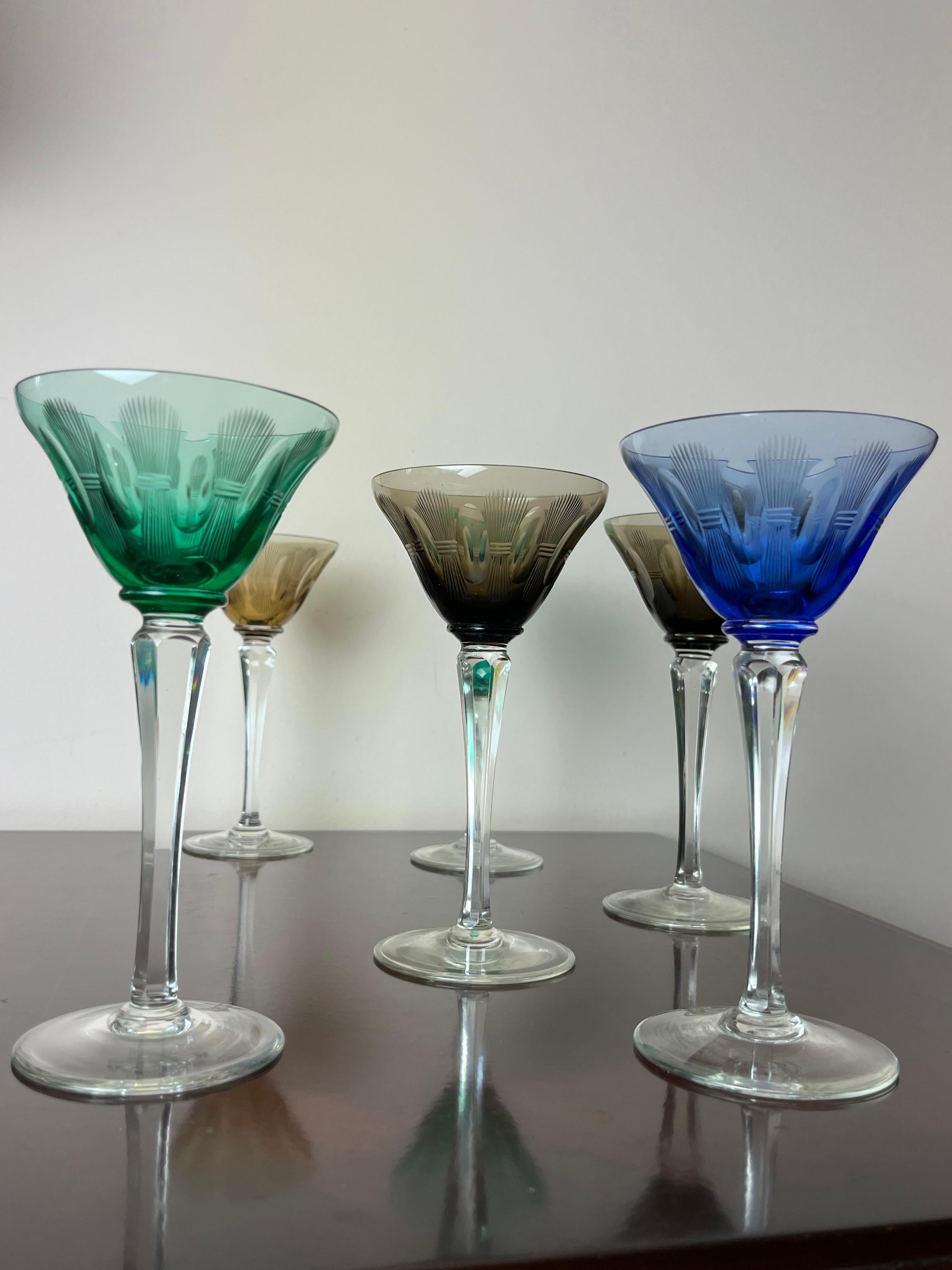 Other Set of 6 Colored Crystal Glasses, Italy, 1950s For Sale