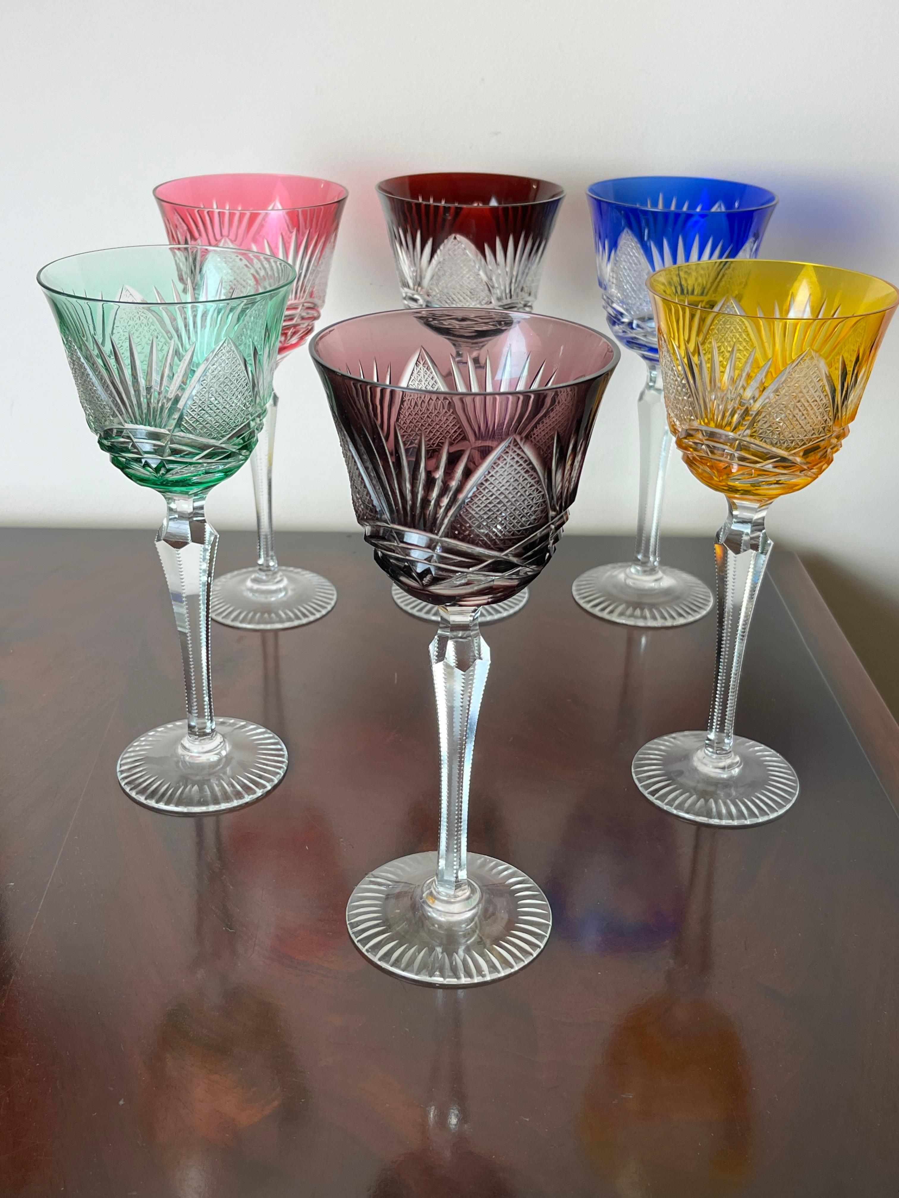 Mid-20th Century Set of 6 Colored Crystal Glasses, Italy, 1950s For Sale