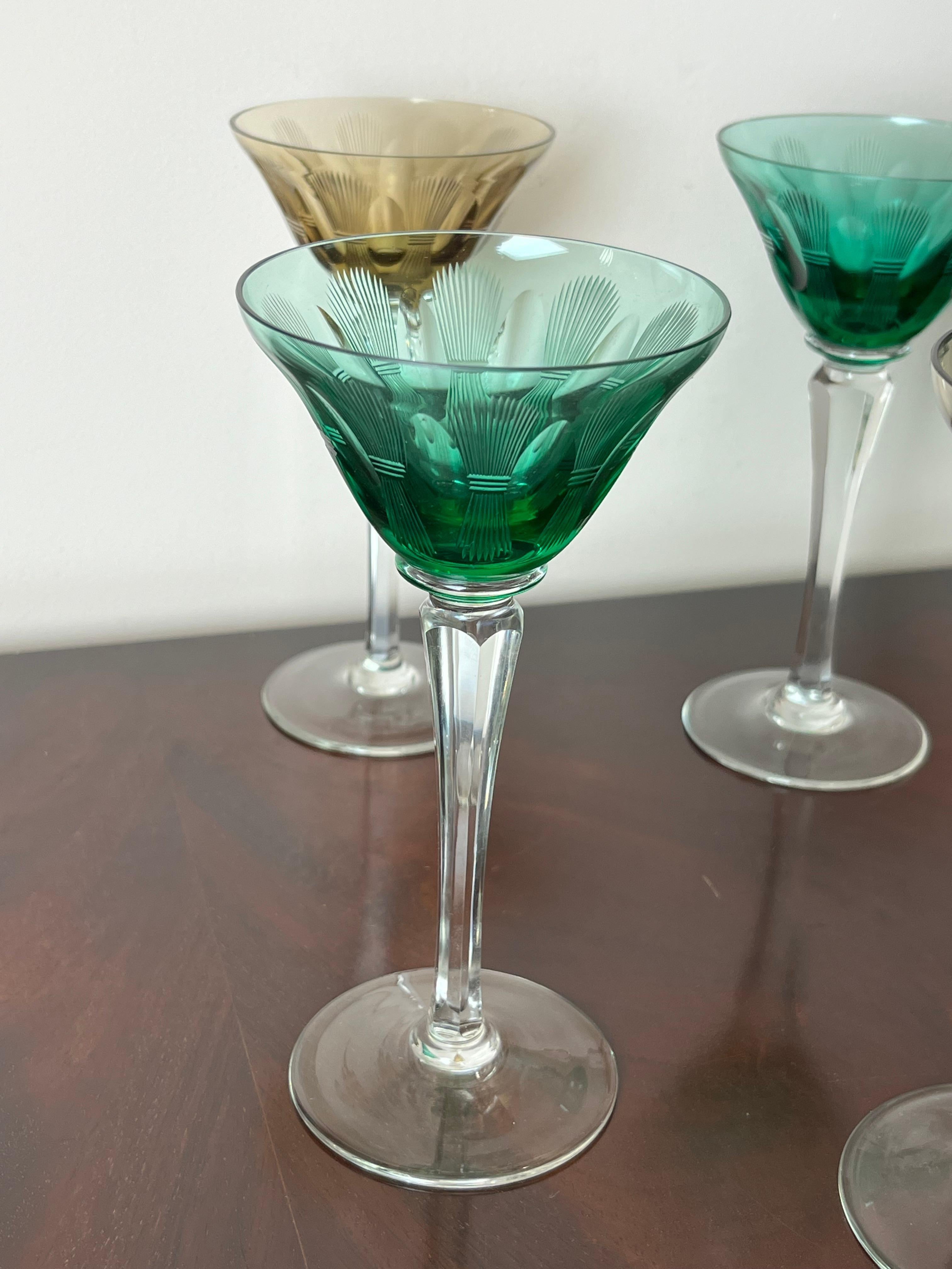 Mid-20th Century Set of 6 Colored Crystal Glasses, Italy, 1950s For Sale