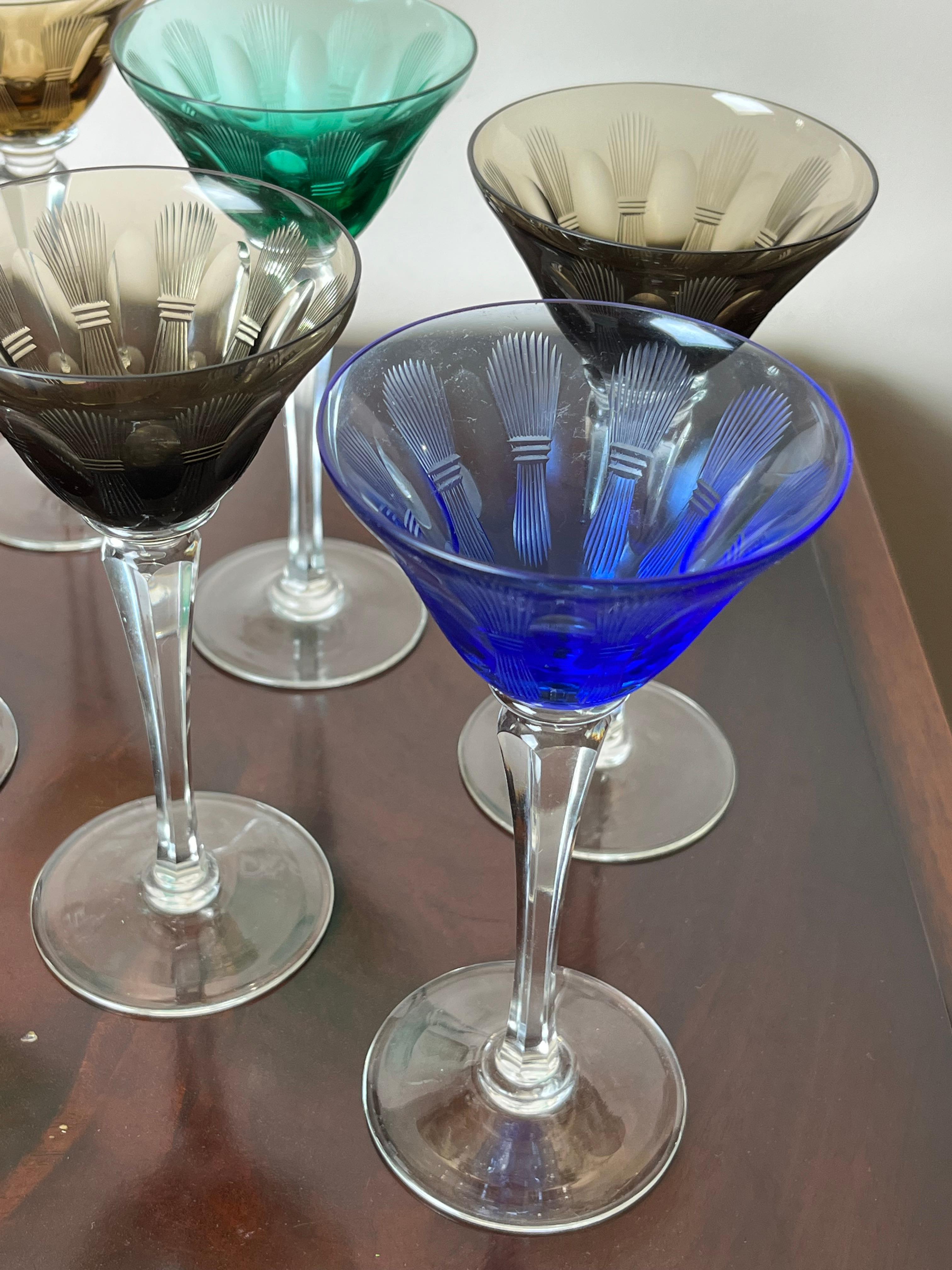 Set of 6 Colored Crystal Glasses, Italy, 1950s For Sale 3