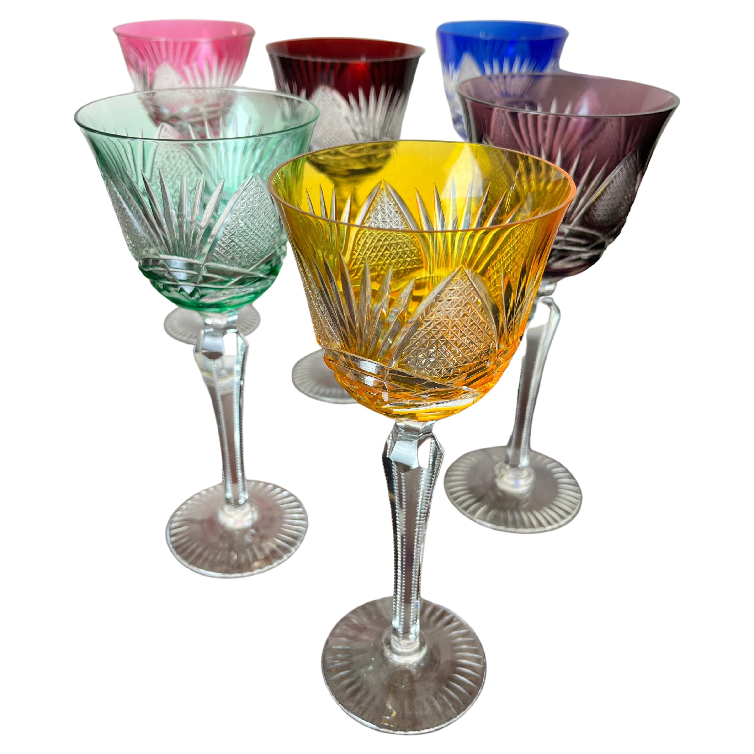 Set of 6 Colored Crystal Glasses, Italy, 1950s For Sale