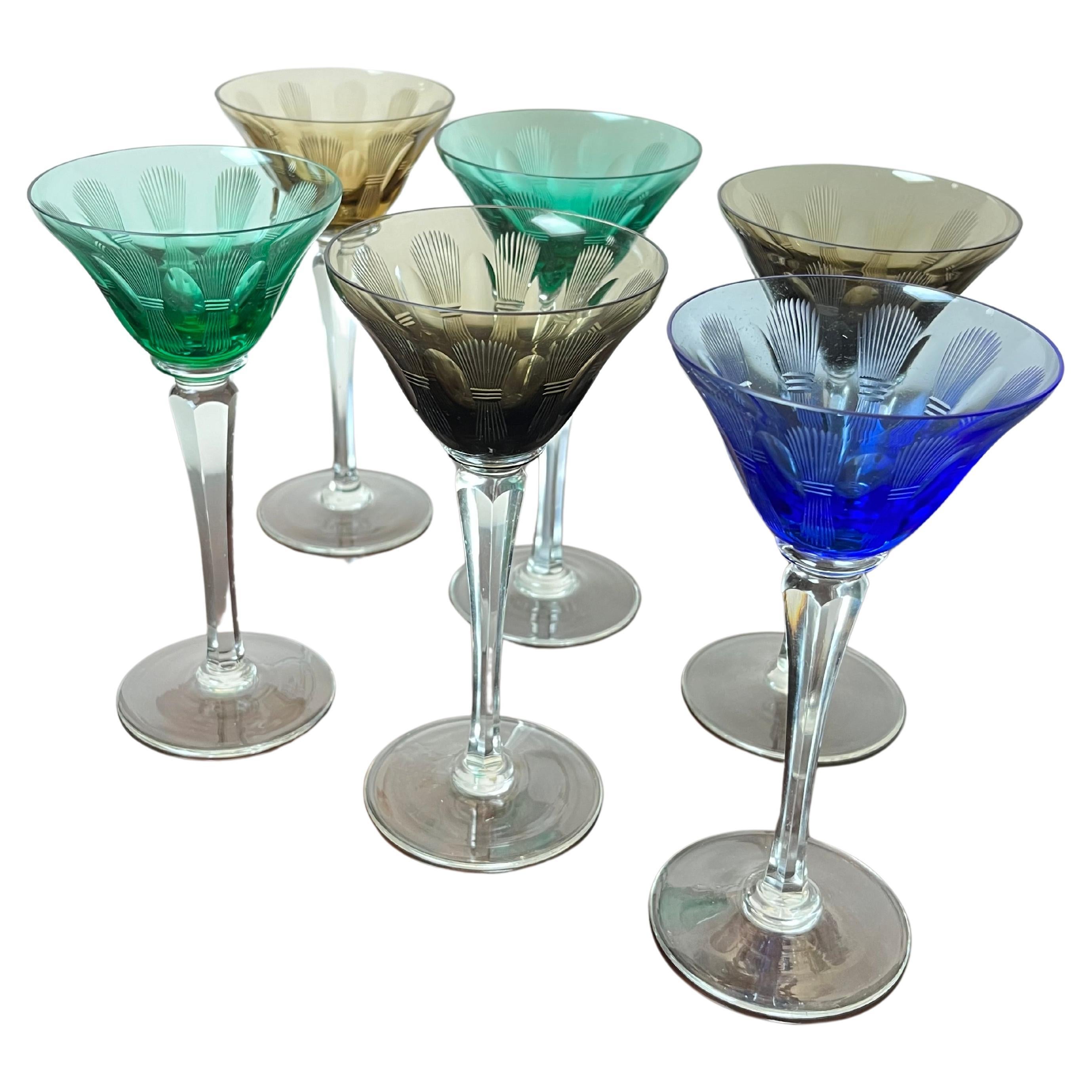 Set of 6 Colored Crystal Glasses, Italy, 1950s For Sale