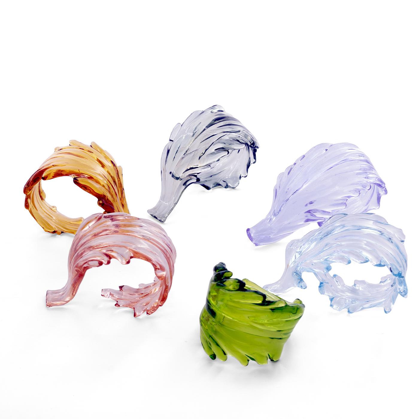 Set of 6 Murano glass-colored leaves Napkin rings. Handcrafted in Venice. Colors include lime, gray, orange, light blue, and violet.