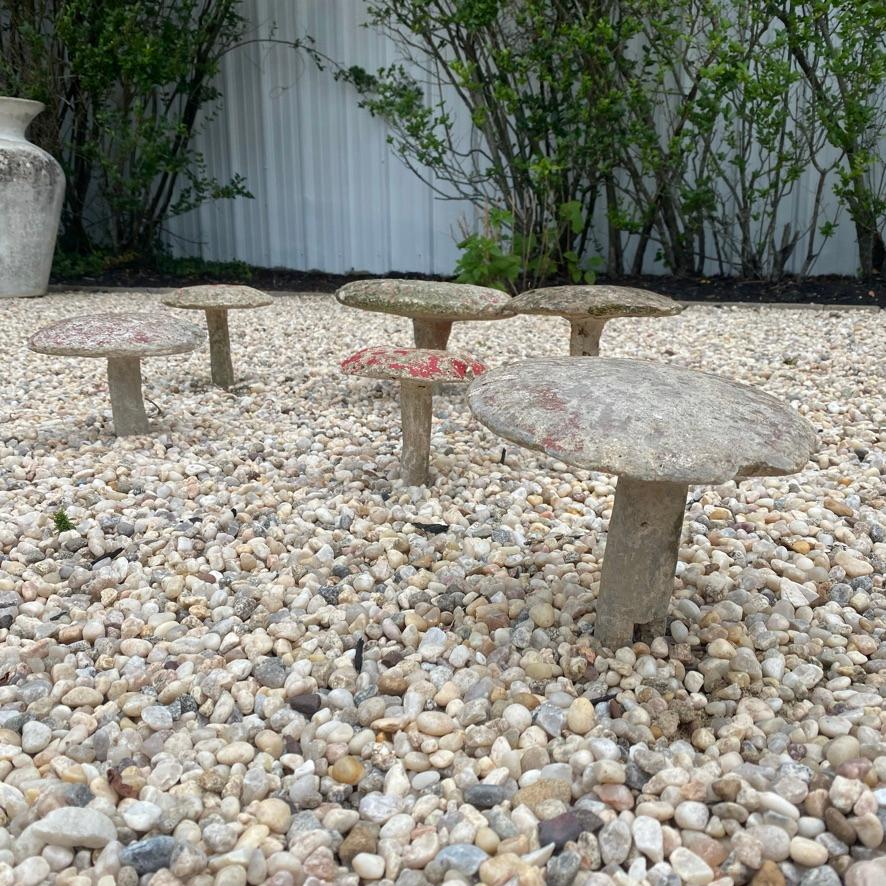 French concrete garden mushrooms, circa 1950s. Great for use as a unique garden feature. Age has given these unique items a gorgeous patina. Substantial and well made, these decorative mushrooms are constructed of solid concrete with iron dowels on