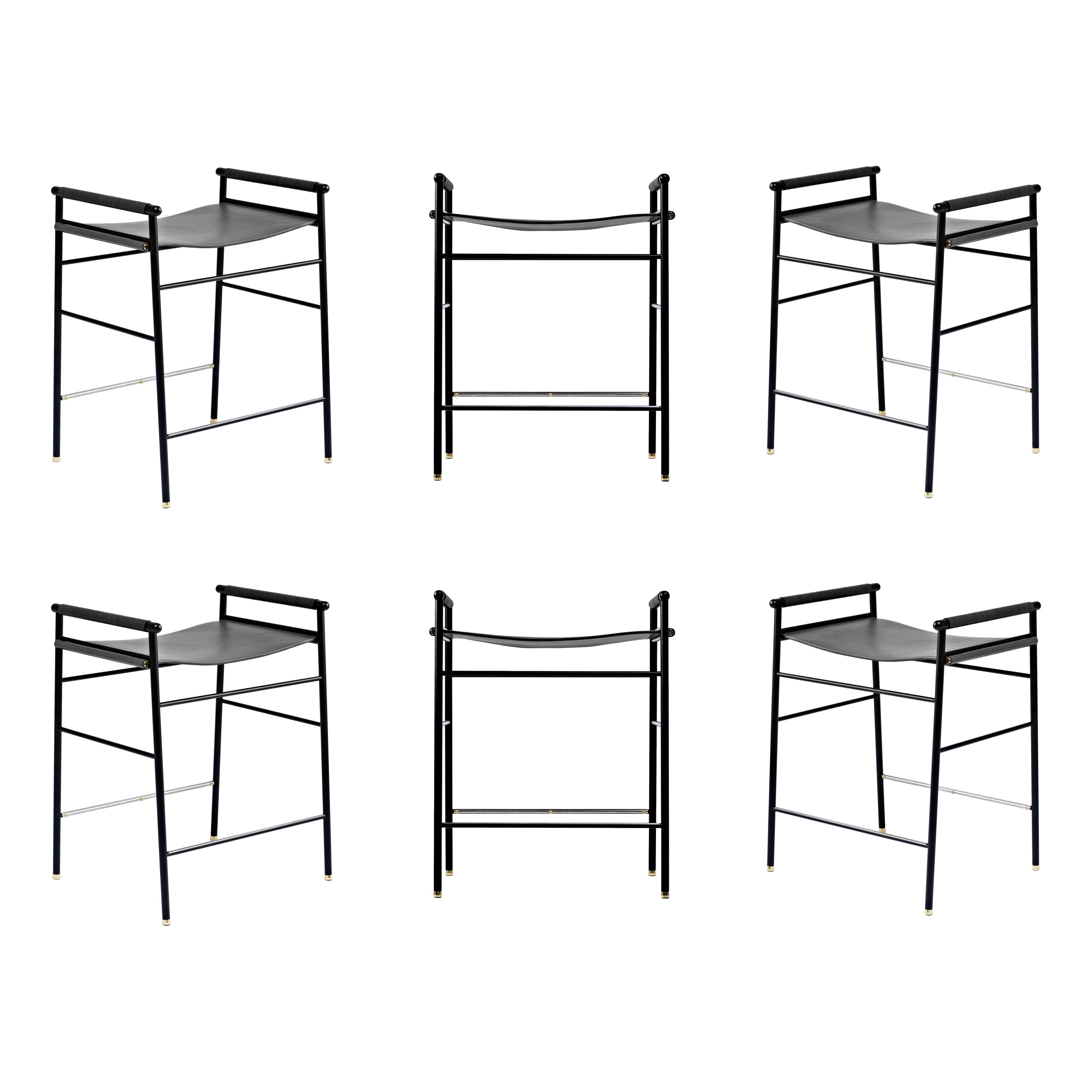 Zeitgenössischer Barhocker aus schwarzem Leder und schwarzem Gummimetall, 6er-Set