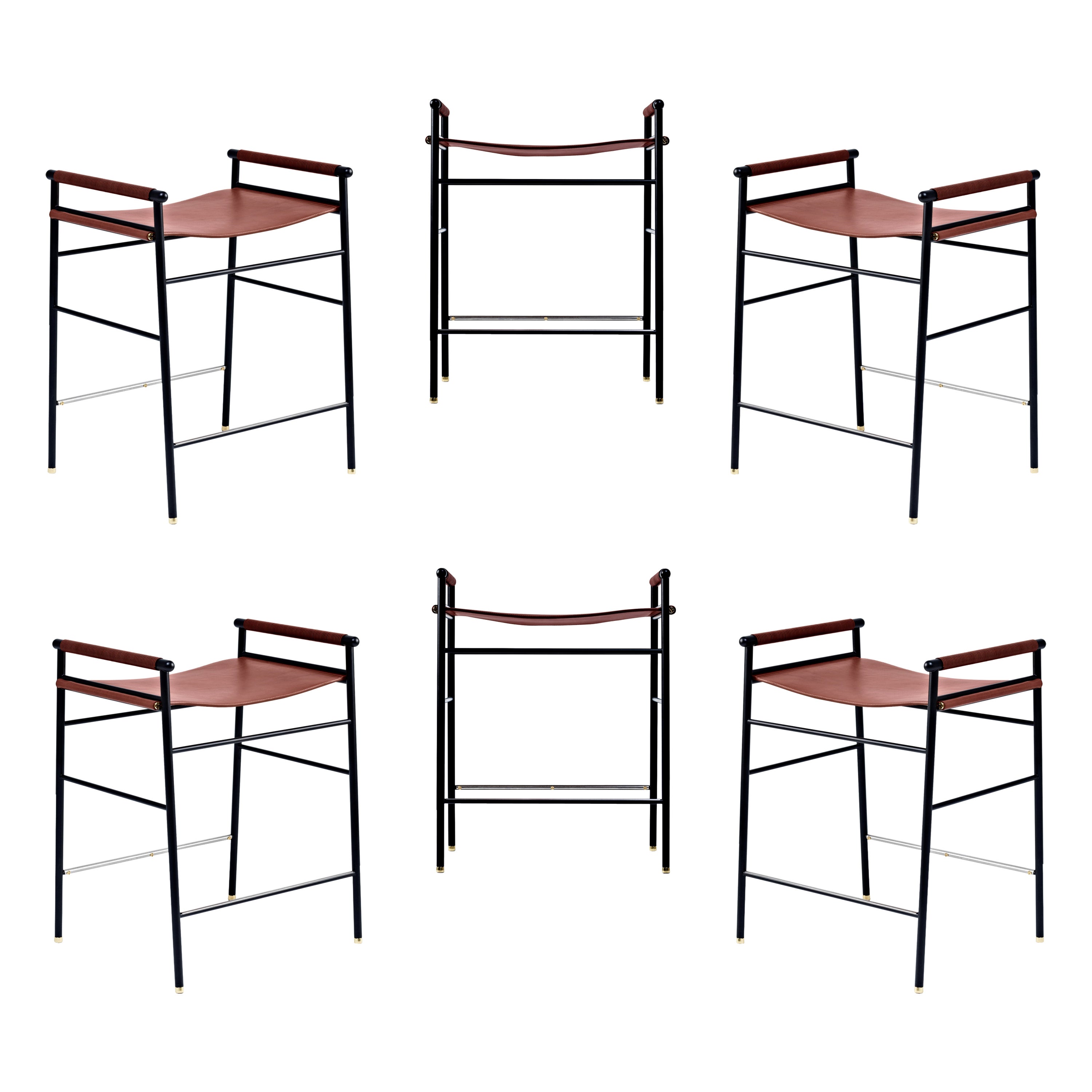 Set di 6 sgabelli da banco contemporanei in pelle cognac e metallo gommato nero in vendita