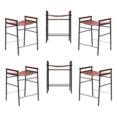 Set di 6 sgabelli da banco contemporanei in pelle cognac e metallo gommato nero