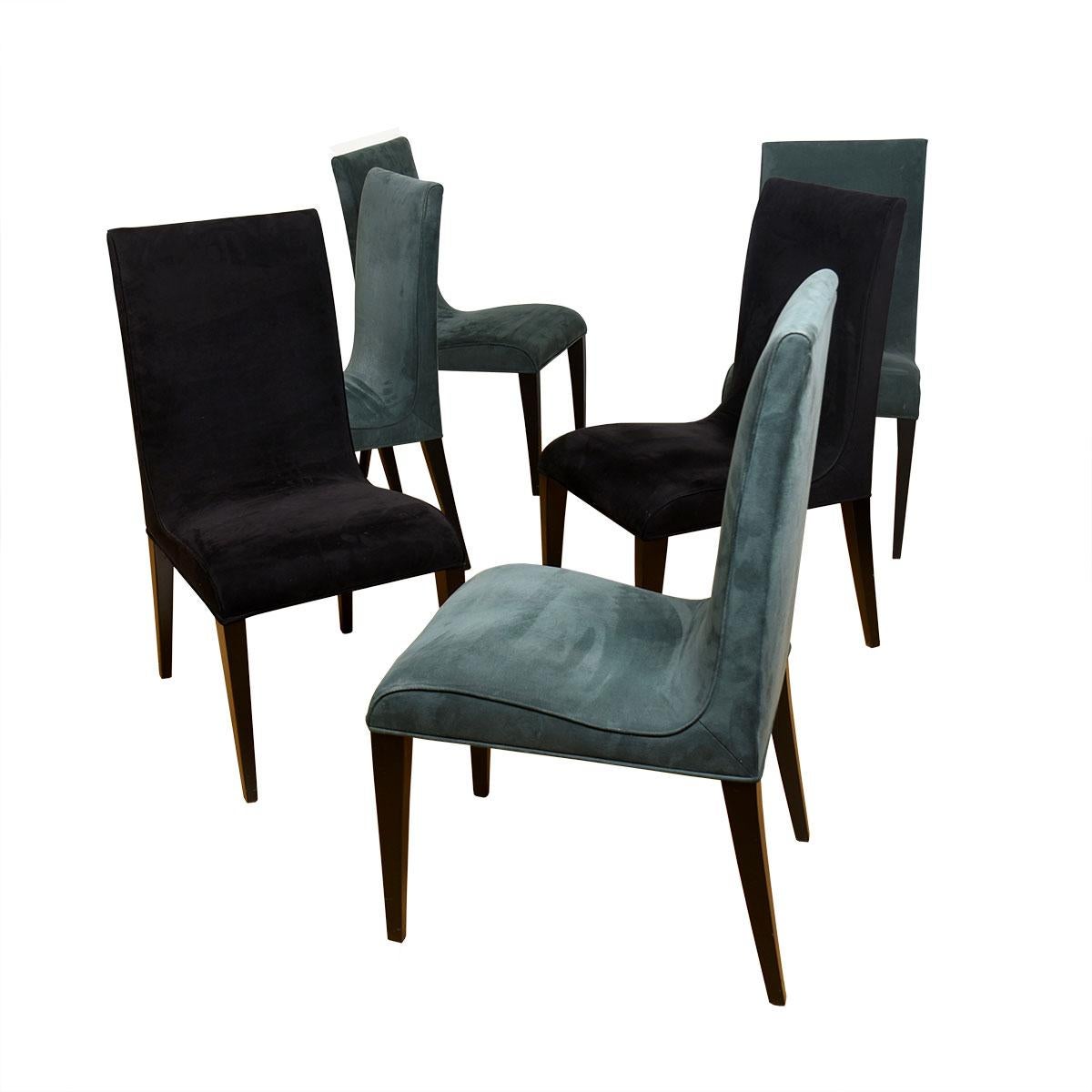 Set of 6 Contemporary Dining Chairs from Theodore’S Upholstered In Ultra Suede

Additional information:
Material: Upholstery, wood
Featured at Kensington:
Sinuous & sensual, these chairs conform to your body for a comfortable sit.
Beautiful