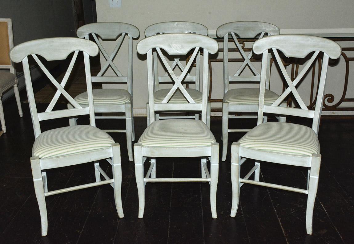 Set of 6 X-back painted dining chairs. Painted in the blue grey country Swedish Gustavian look. Measure: Seat height 19.25