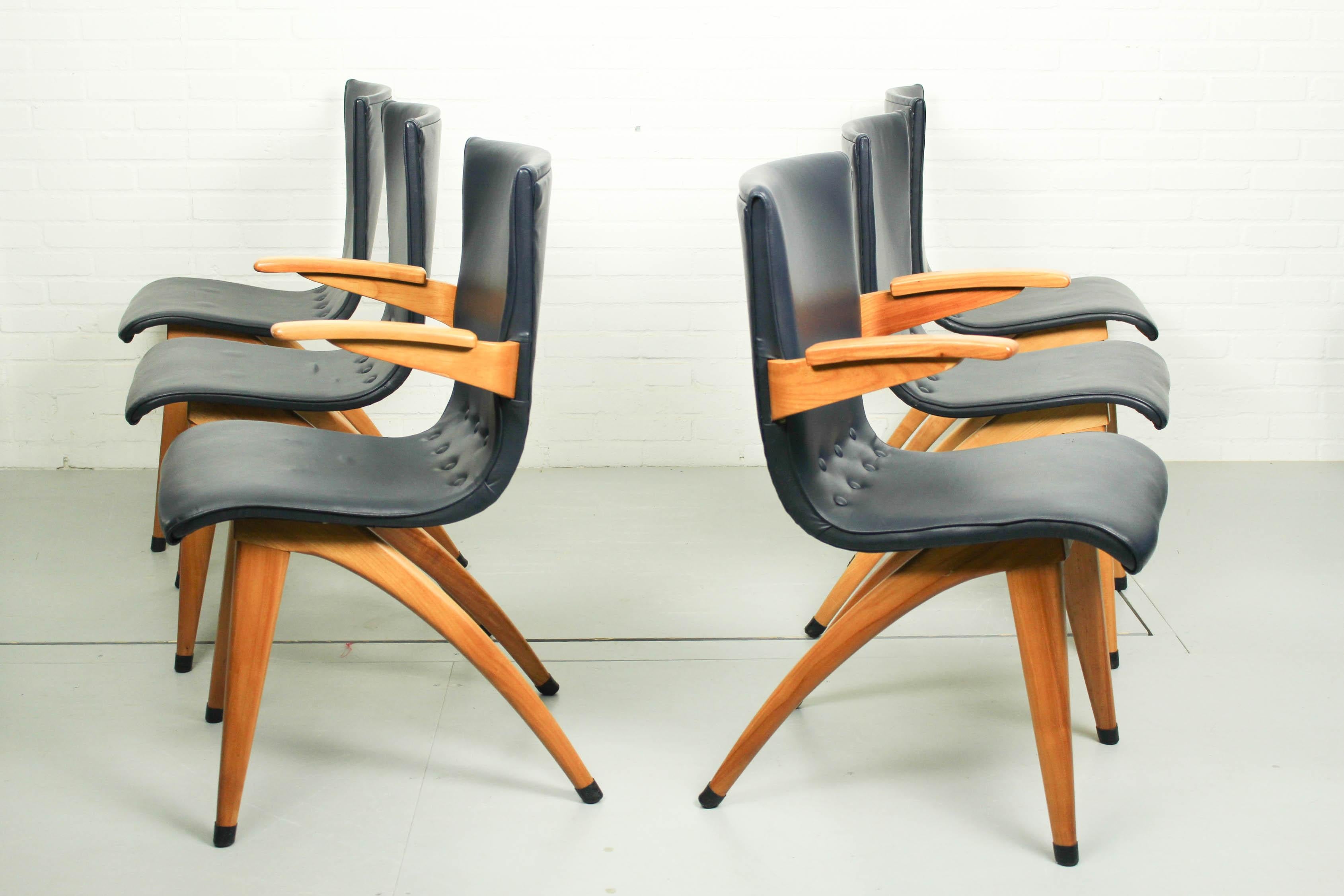 Mid-Century Modern Set of 6 Cor Van Os Leatherette Dining Chair Model Swing, 1960s For Sale
