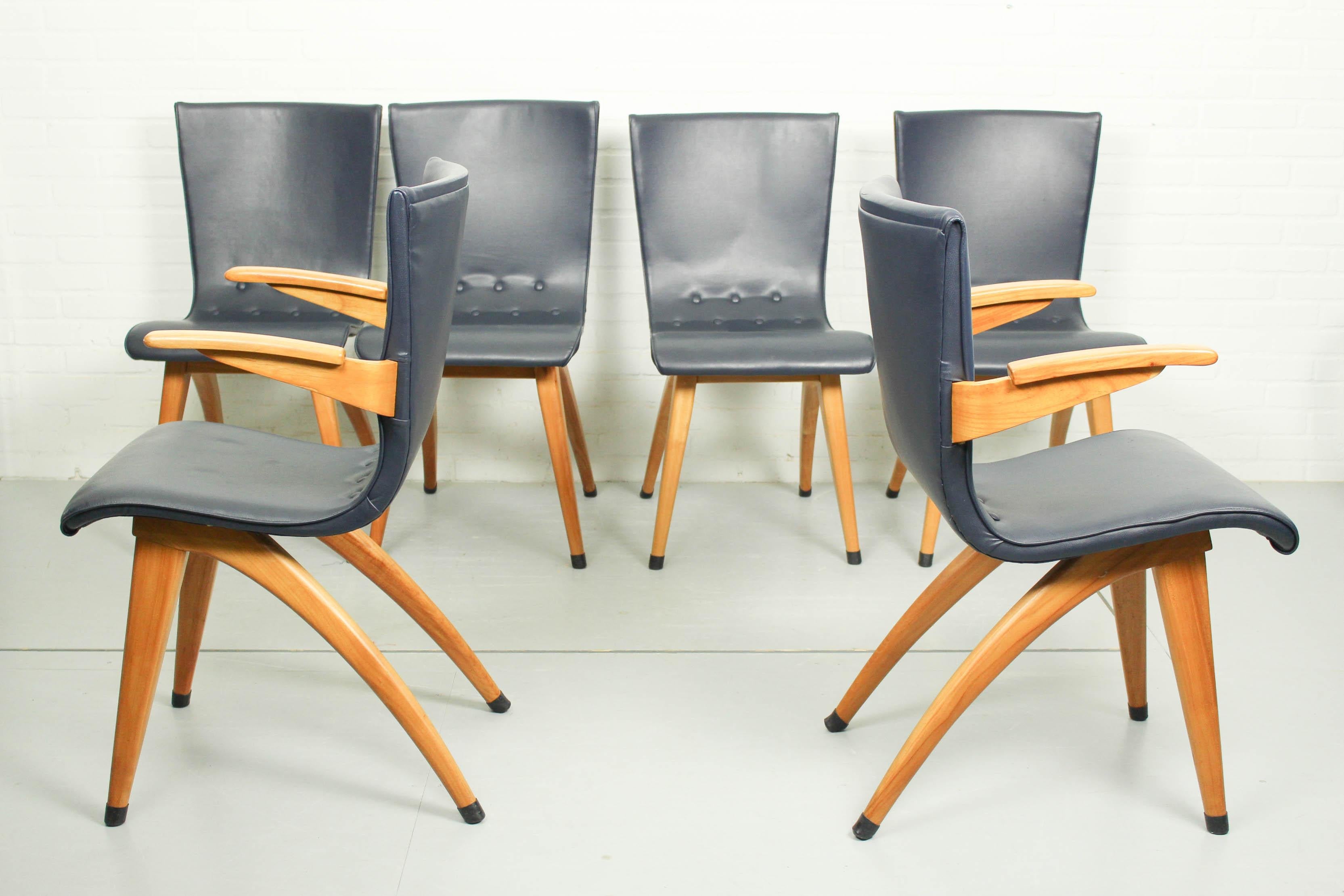 Dutch Set of 6 Cor Van Os Leatherette Dining Chair Model Swing, 1960s For Sale