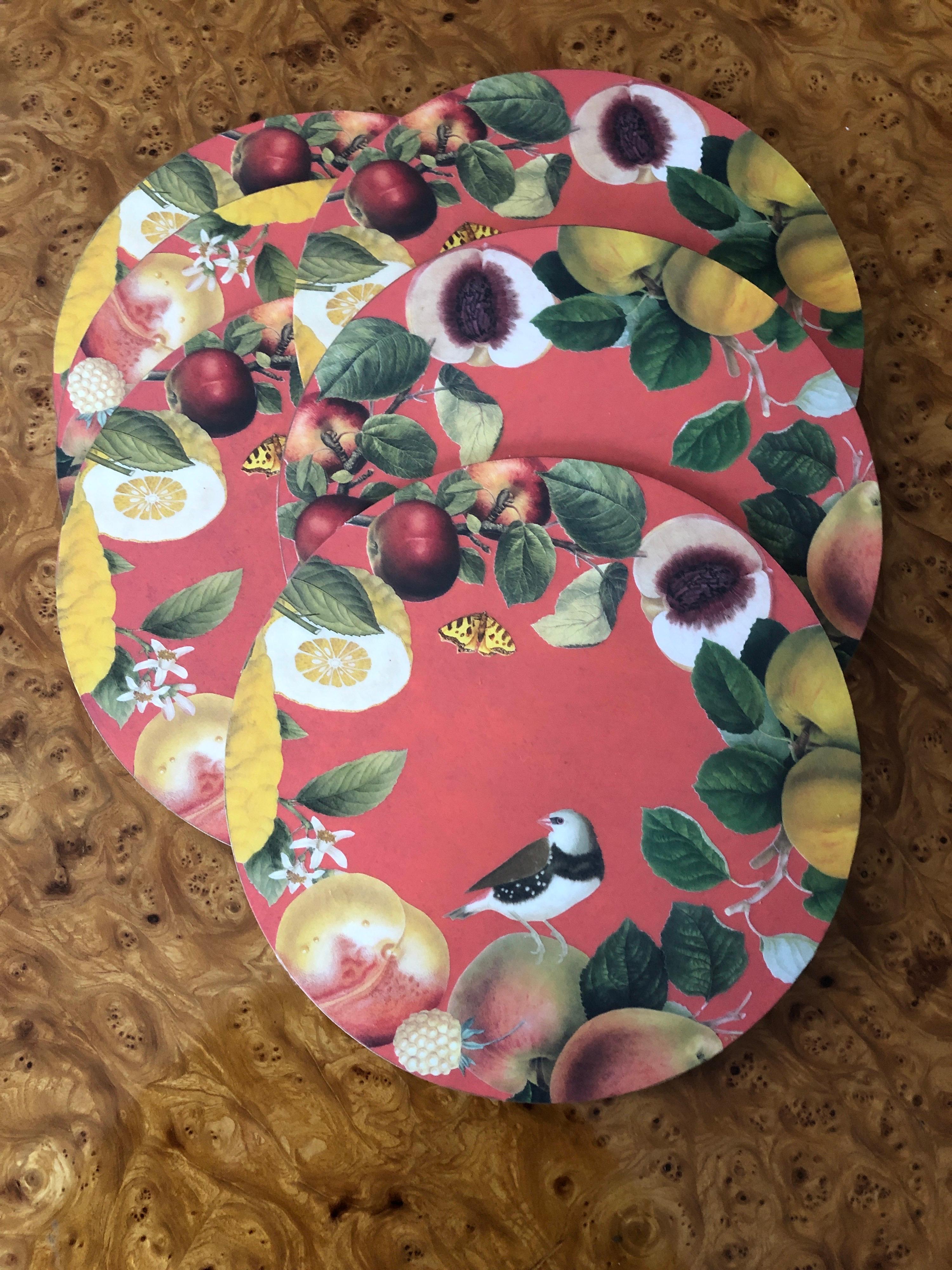 Découpage Set of 6 Coral Ground Handmade Decoupage Round Place Mats For Sale