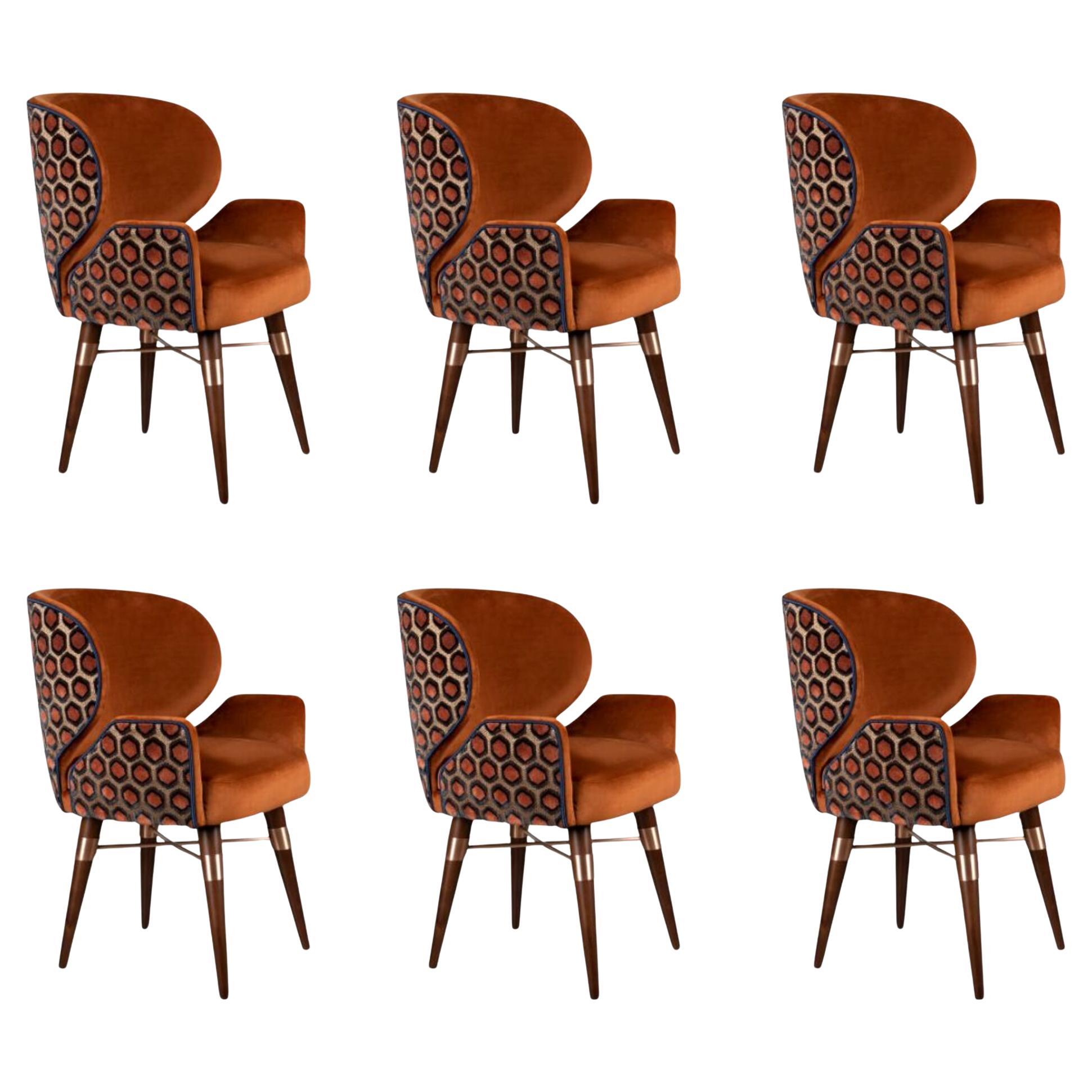 Set of 6 Cotton Louis I Dining Chair Walnut Legs Brass by Ottiu