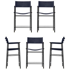 Set di 6 sgabelli ad altezza d'uomo w. Schienale Pelle blu navy Metallo nero e gomma