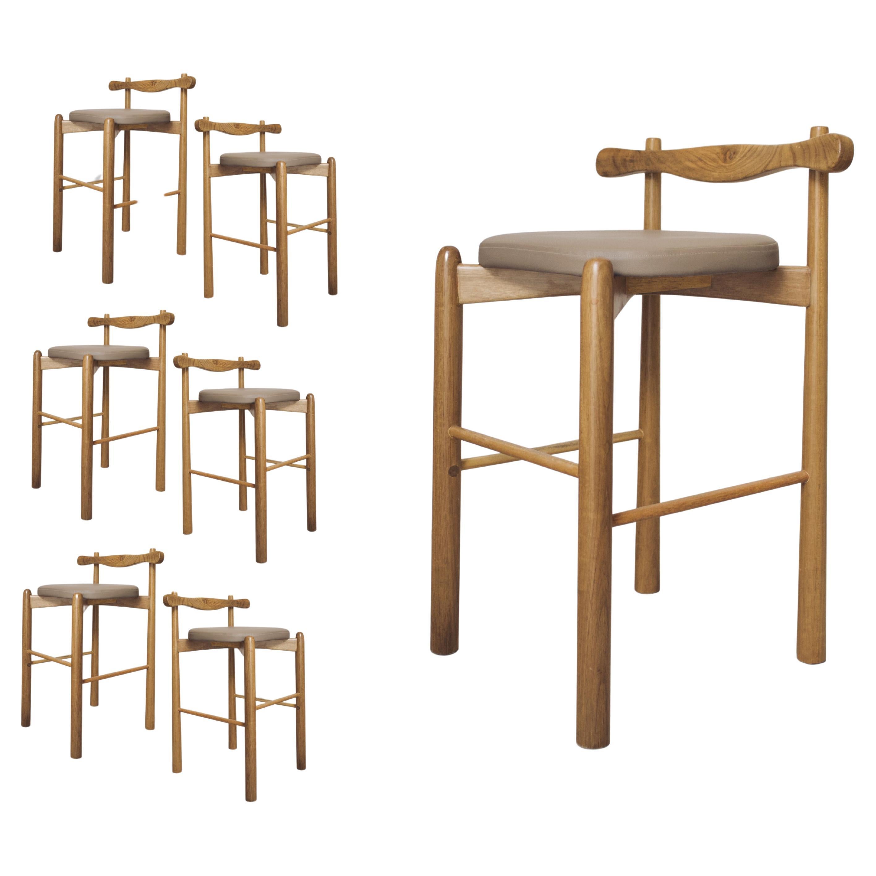Set of 6 Counter Stools Uçá - Brown Light Brown Finish Wood (fabric ref : F04)