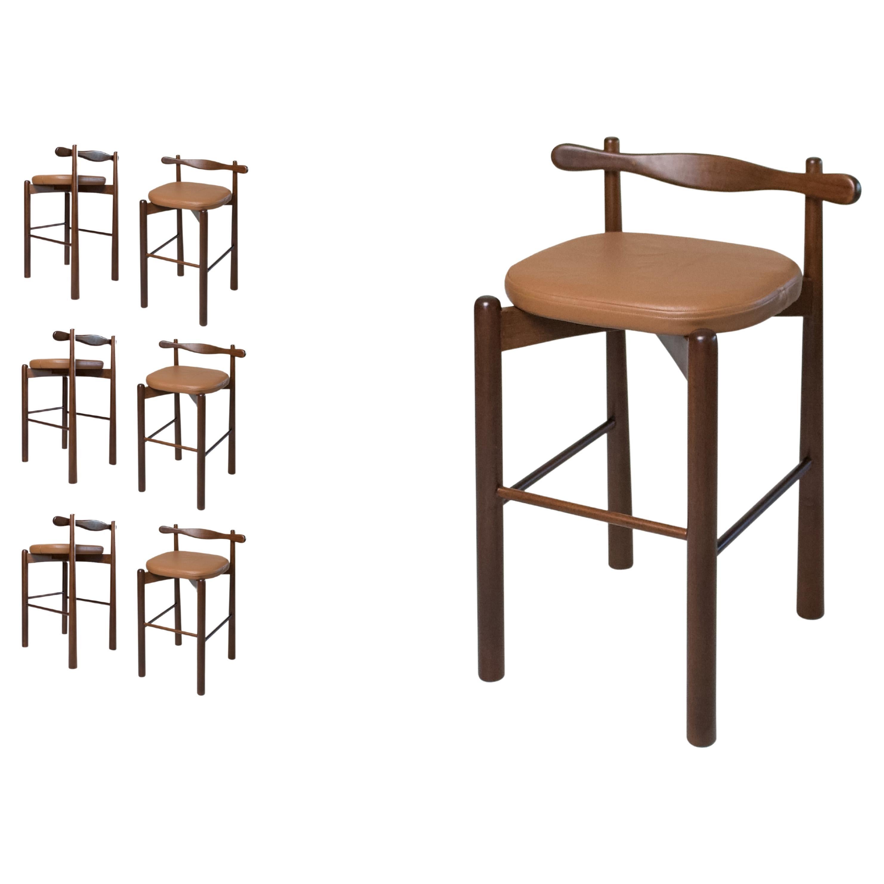 Set of 6 Counter Stools Uçá - Dark Brown Wood (fabric ref : F08) For Sale